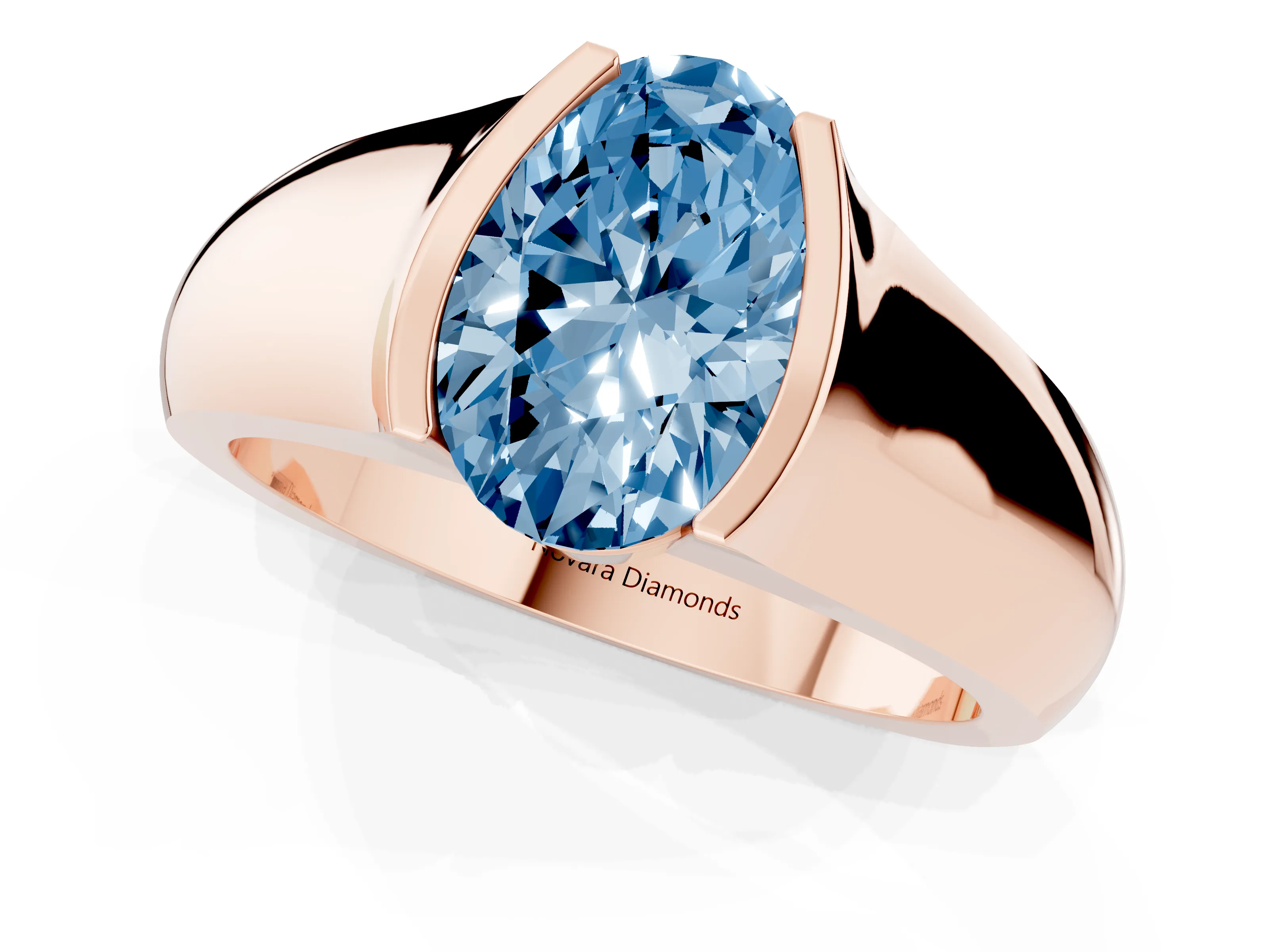Fancy Blue Oval Cut Diamond Bezel Solitaire Ring Set in Rose gold with Wide Band