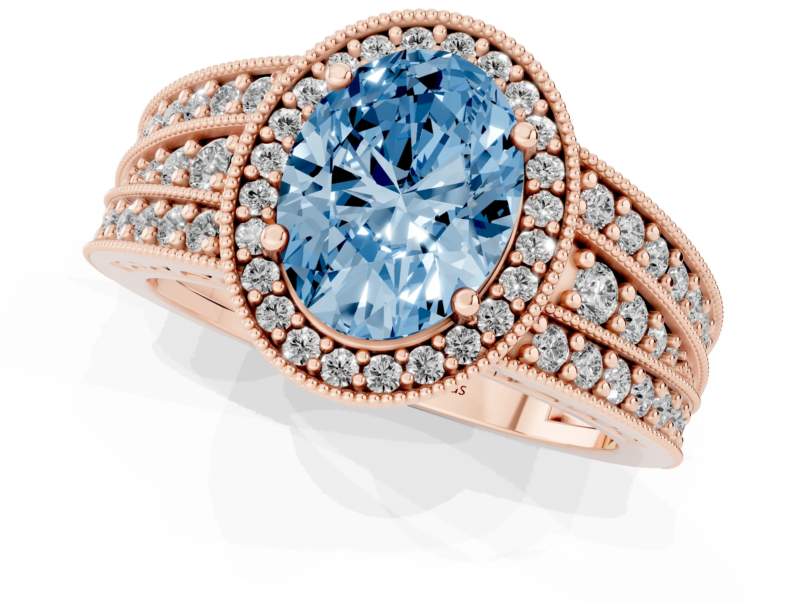Fancy Blue Oval Cut Diamond Halo Ring Set in Rose gold with Accent Split Shank and Prong Setting