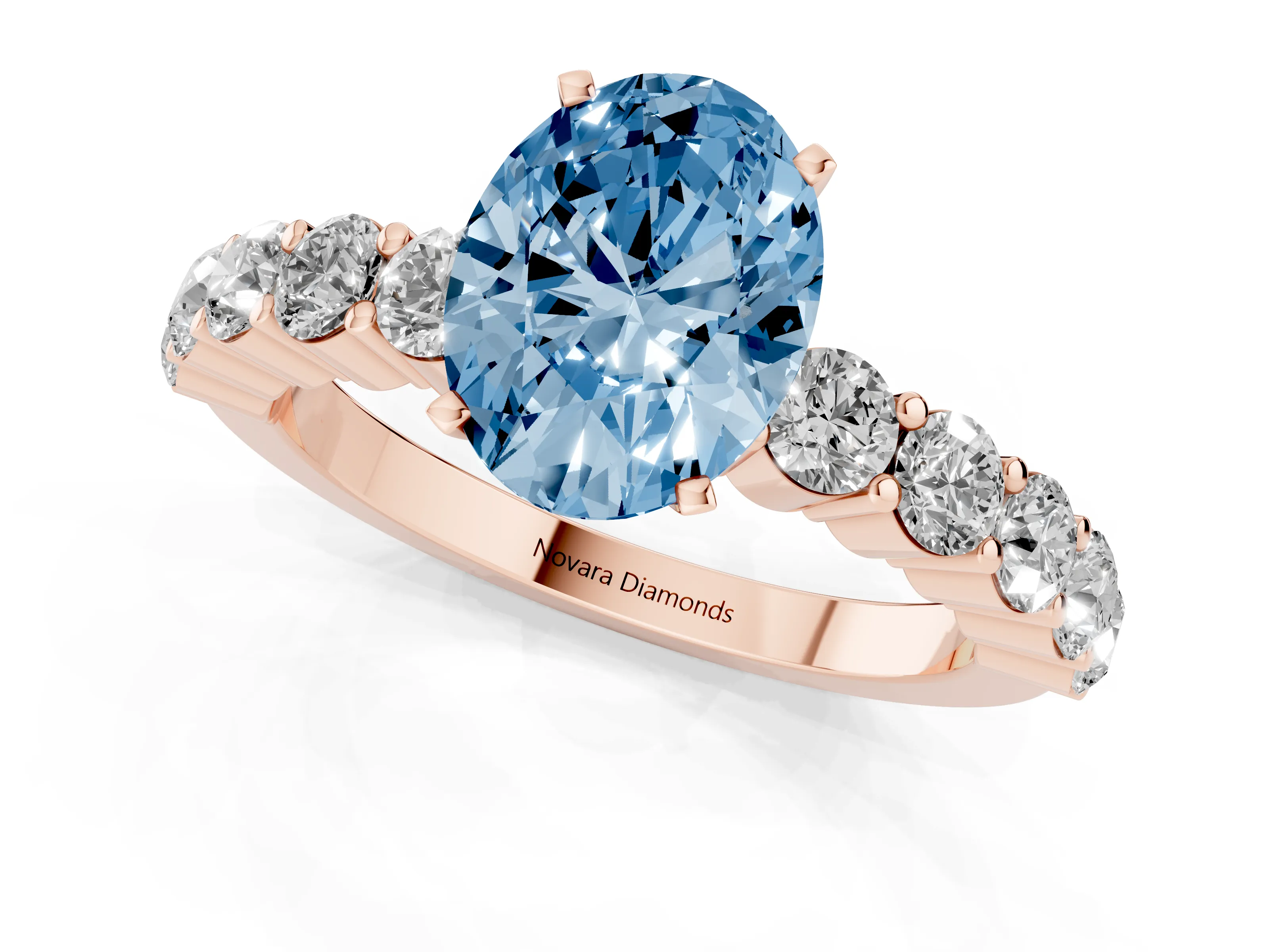 Fancy Blue Oval Cut Diamond Solitaire Ring Set in Rose gold with Shared Prong Round Side Stones