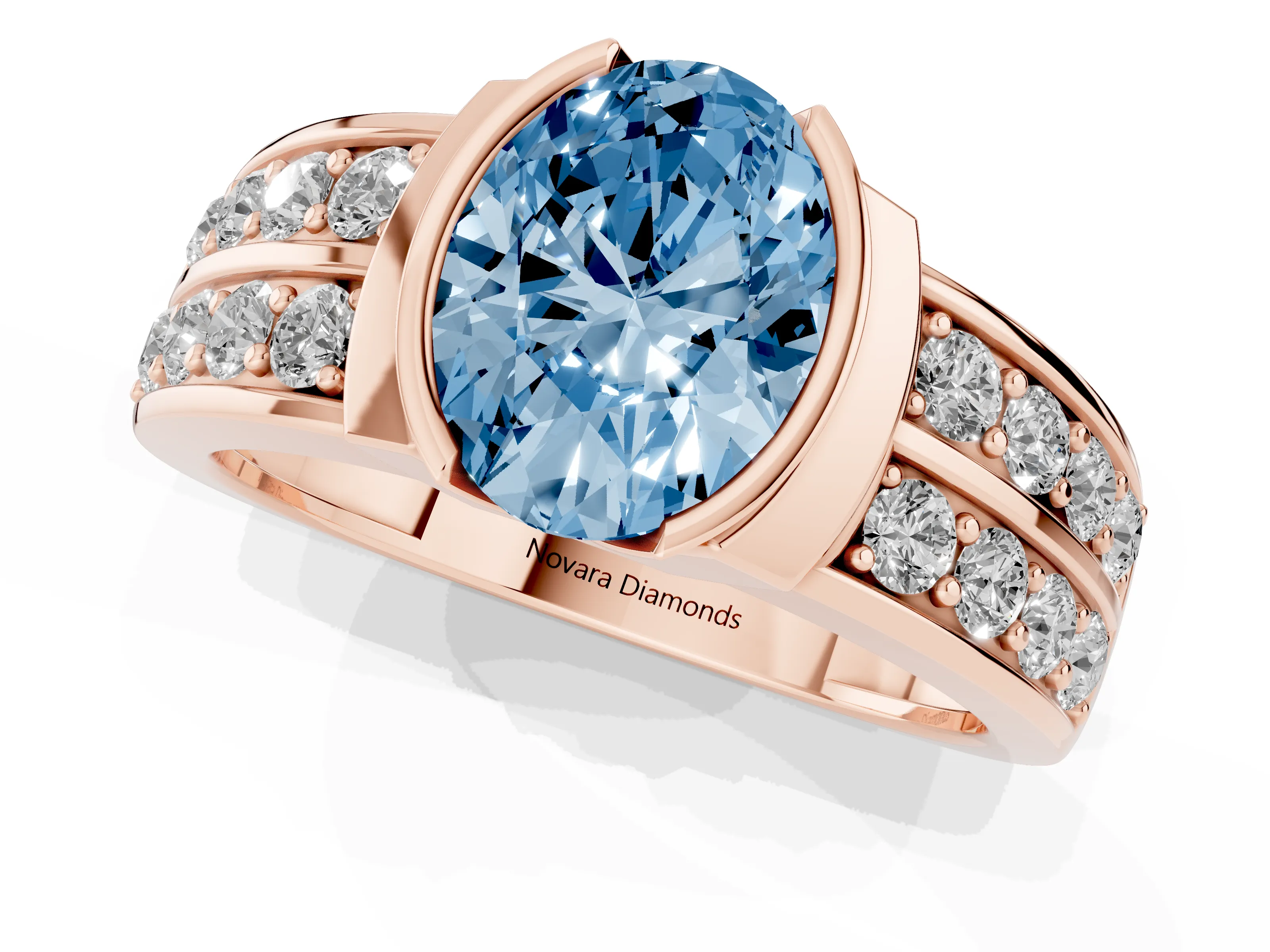 Fancy Blue Oval Cut Diamond Wide Channel Set Band Ring Set in Rose gold with Bezel Setting