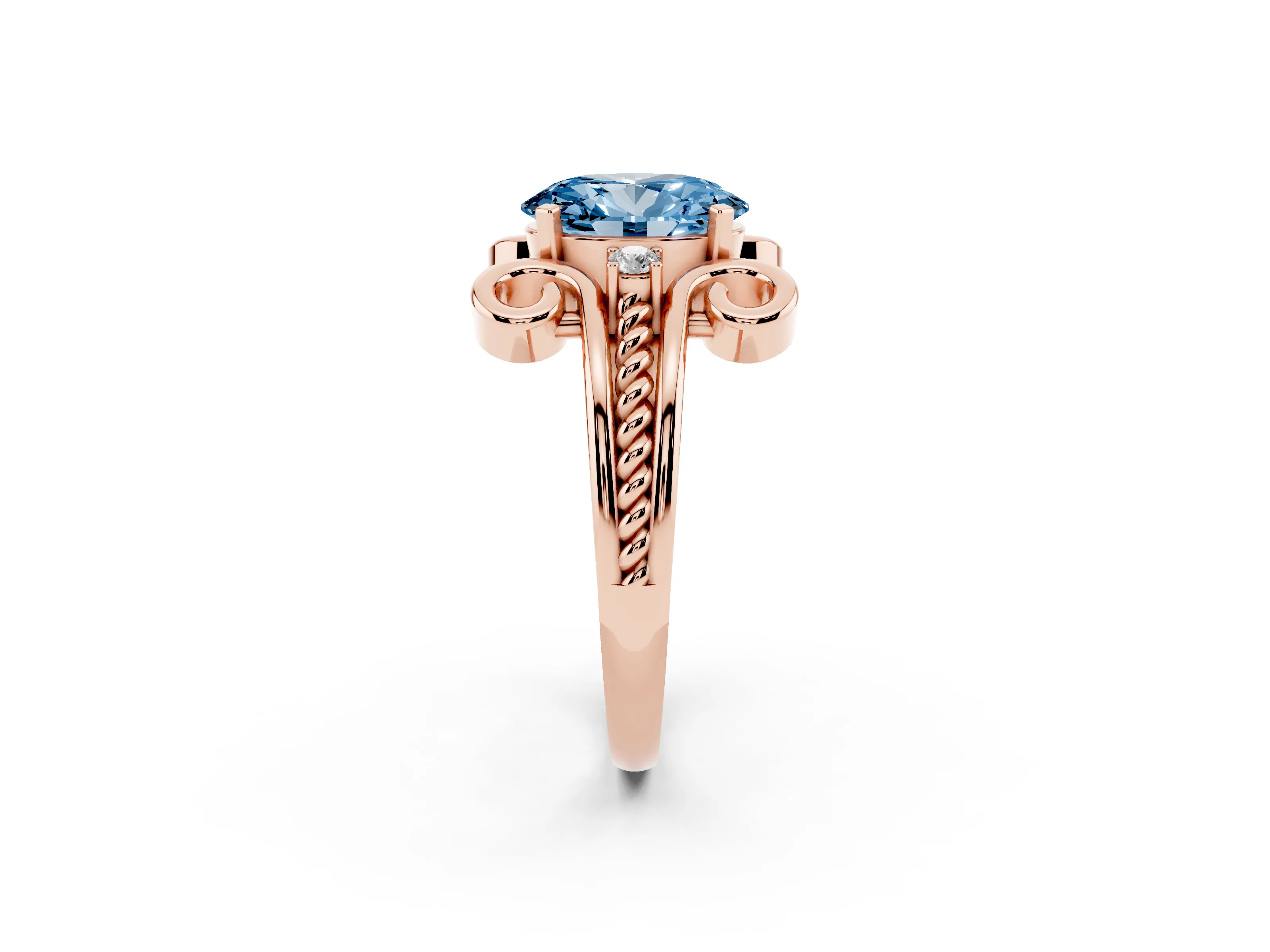 Fancy Blue Oval Cut Diamond Twisted Band Solitaire Ring Set in Rose gold with Scroll Prongs