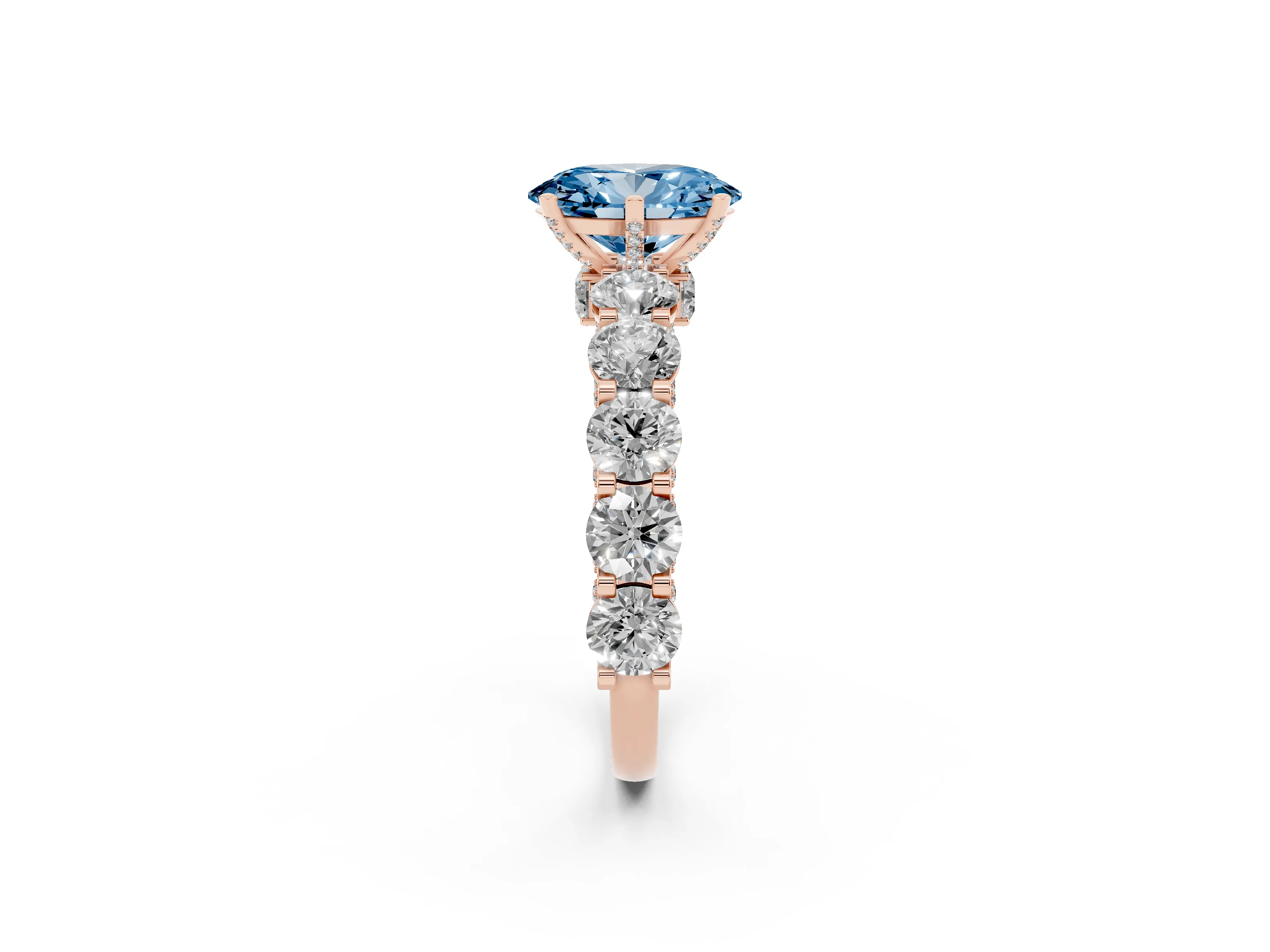 Fancy Blue Oval Cut Diamond Side Stone Ring Set in Rose gold with Alternating Round and Oval Side Stones