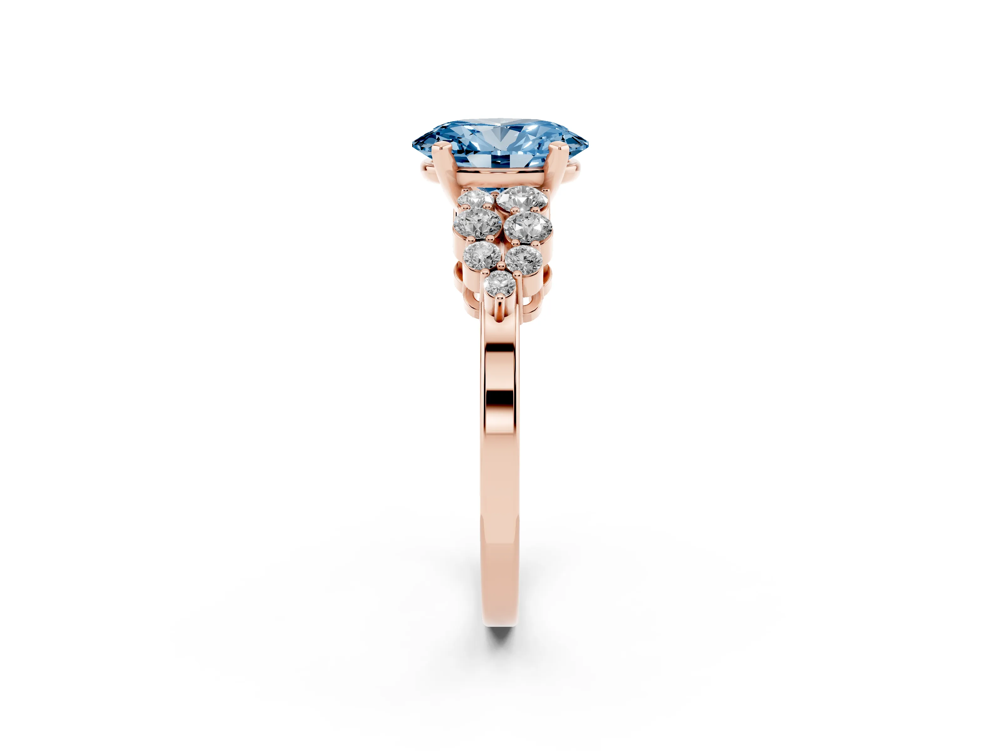 Fancy Blue Oval Cut Diamond Cluster Engagement Ring Set in Rose gold with Pavé Band and Prong Setting