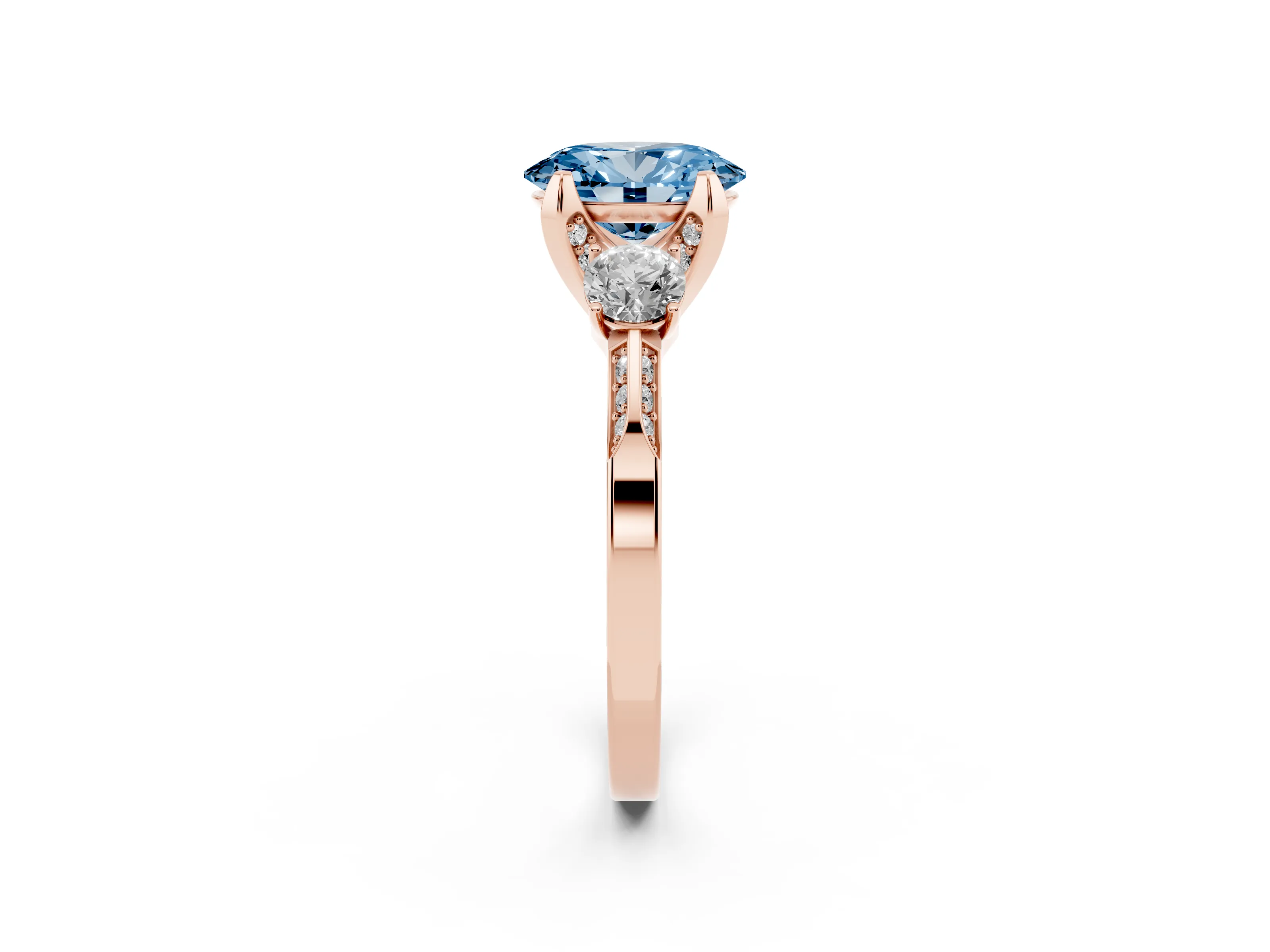 Fancy Blue Oval Cut Diamond Three-Stone Ring Set in Rose gold with Pavé Band and Smaller Side Stones