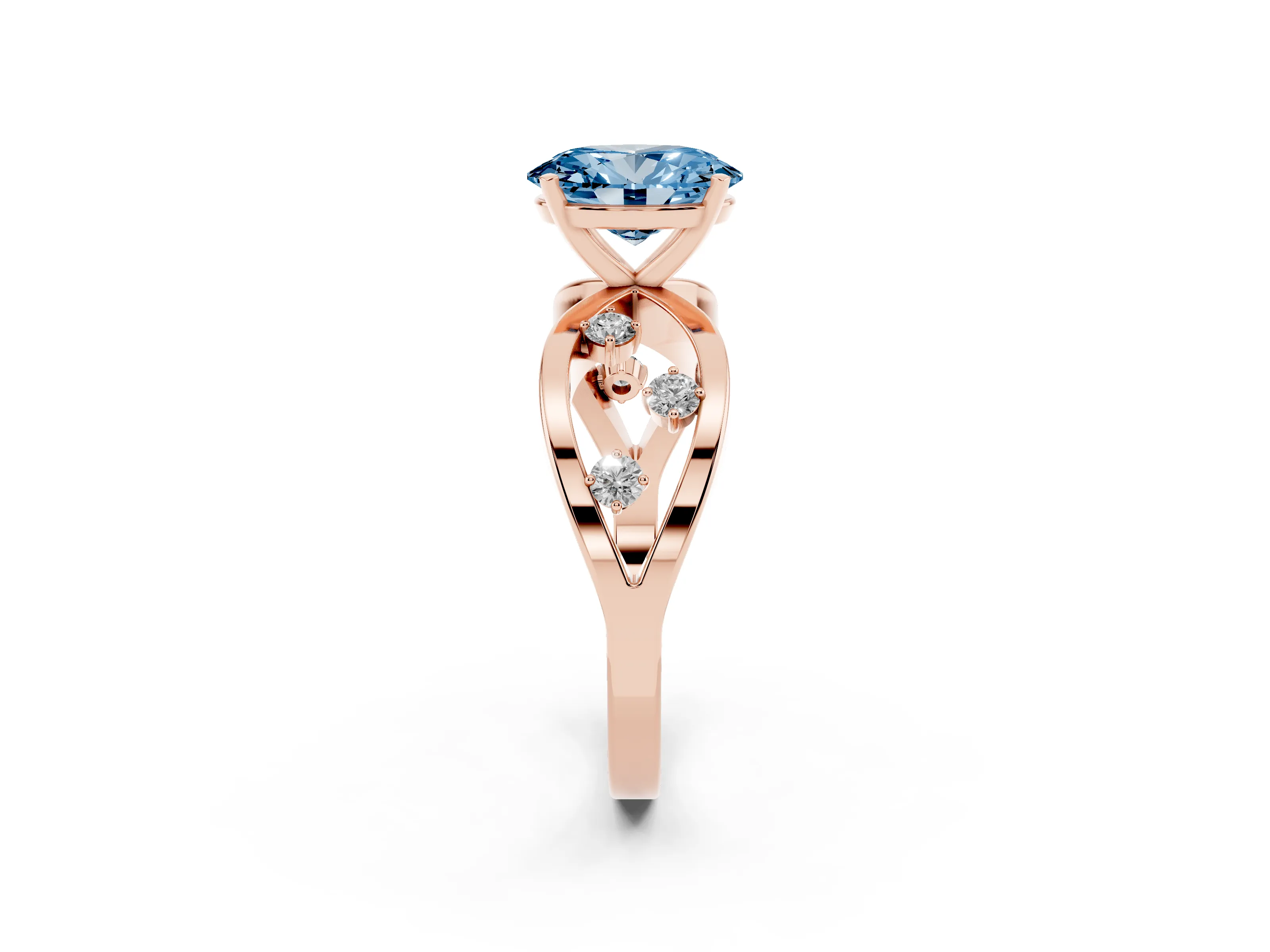 Fancy Blue Oval Cut Diamond Solitaire Ring Set in Rose gold with Side Stones on Criss-Cross Band and Prong Setting