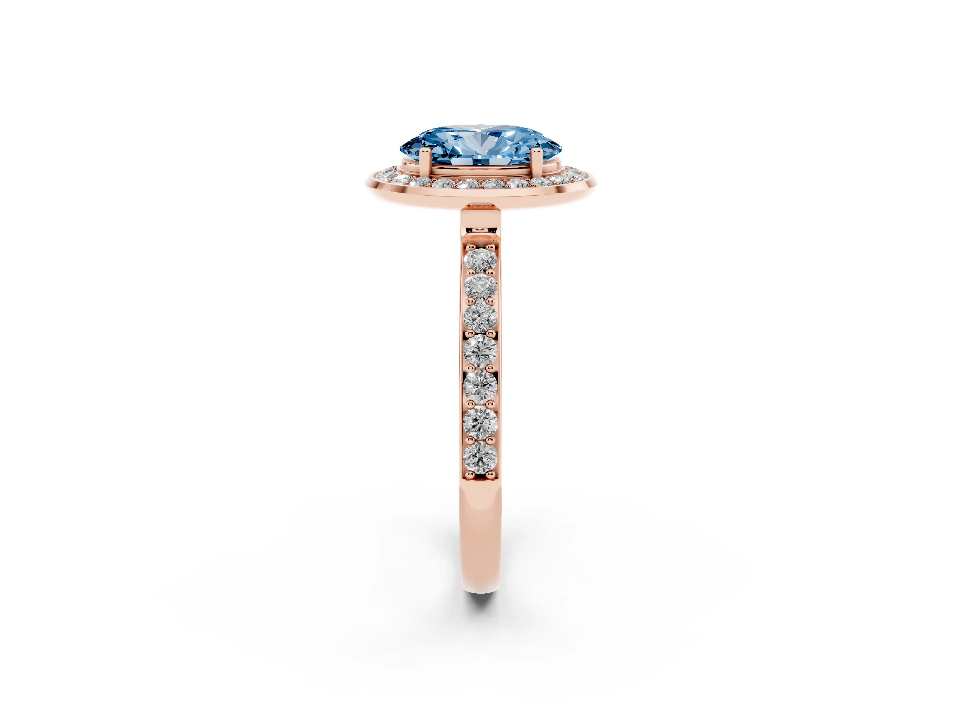Fancy Blue Oval Cut Diamond Halo Ring Set in Rose gold with Bezel Frame and Pavé Band