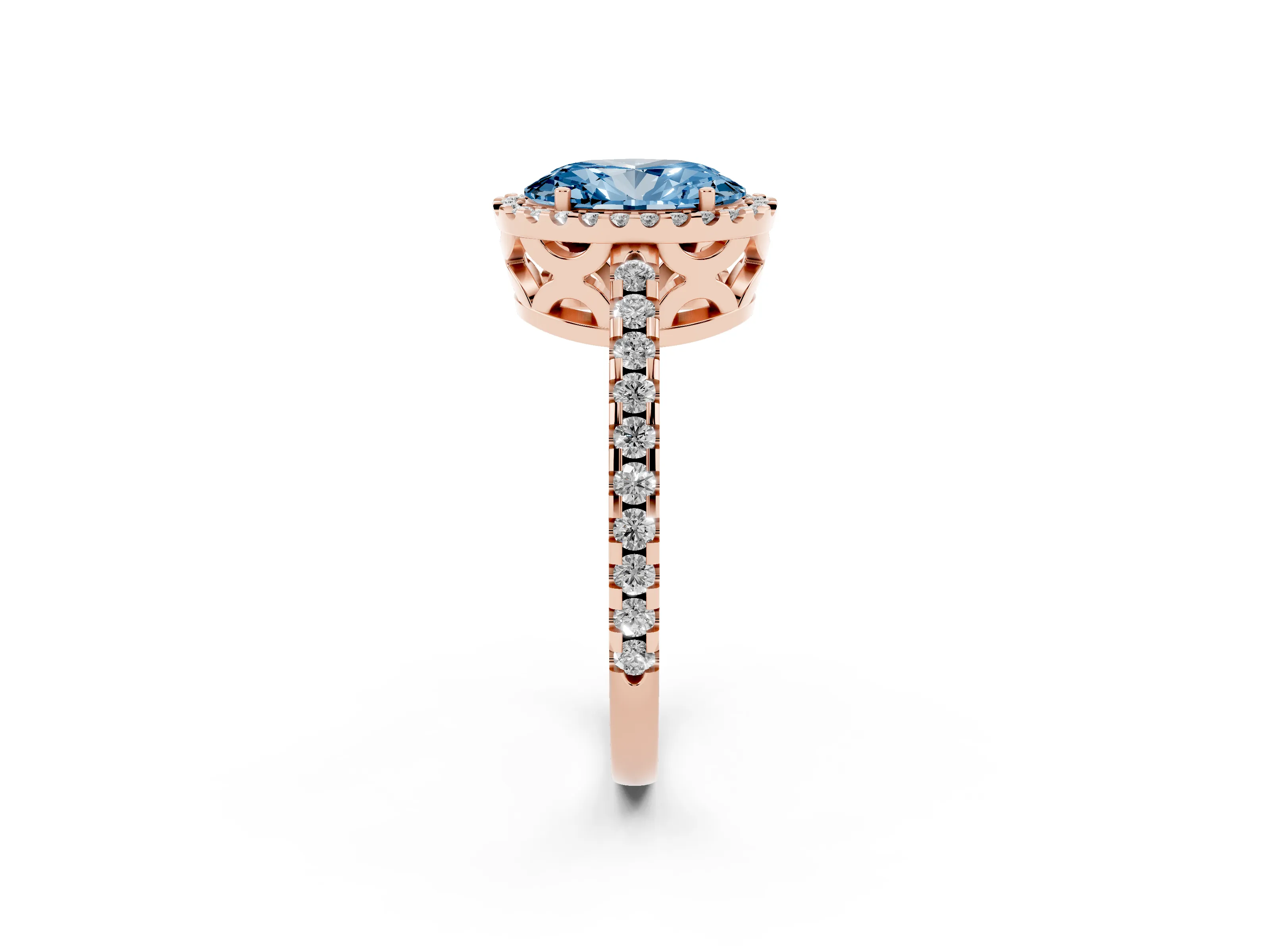 Fancy Blue Oval Cut Diamond Halo Ring Set in Rose gold with Pavé Shoulders and Halo-Framed Center