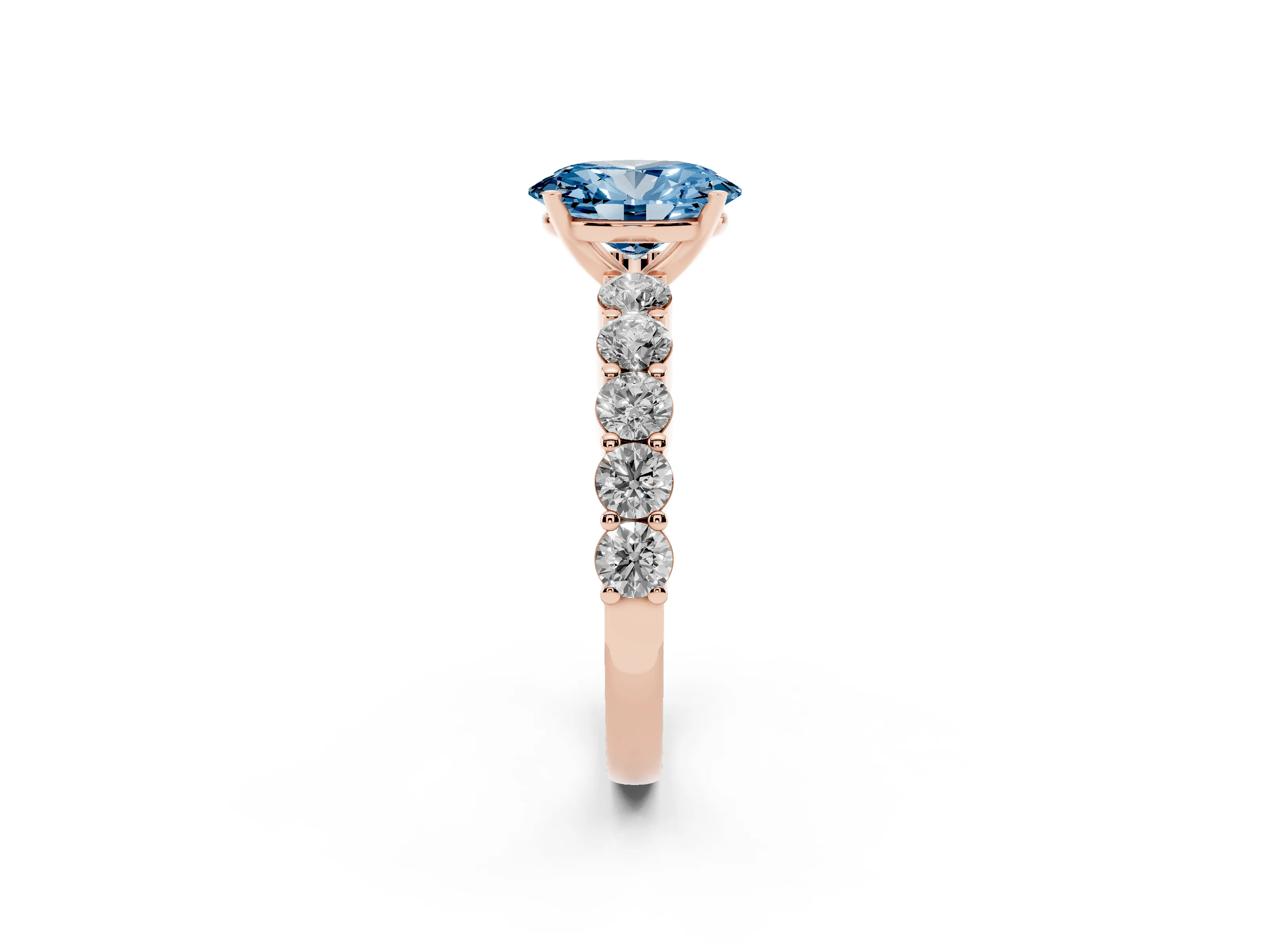 Fancy Blue Oval Cut Diamond Solitaire Ring Set in Rose gold with Shared Prong Round Side Stones