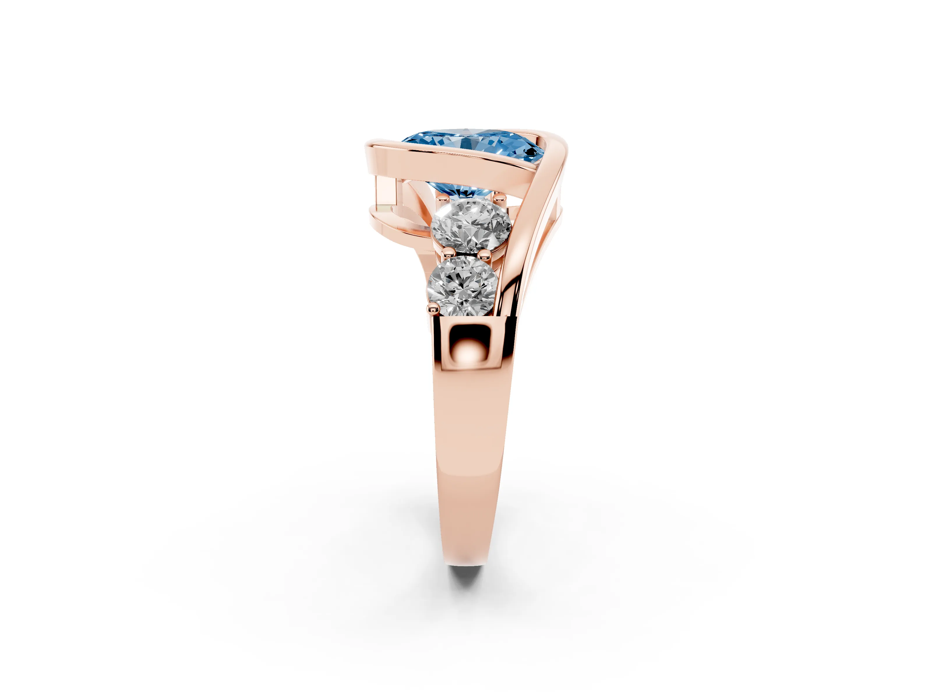 Fancy Blue Oval Cut Diamond Bezel Bypass Ring Set in Rose gold with Round Accents
