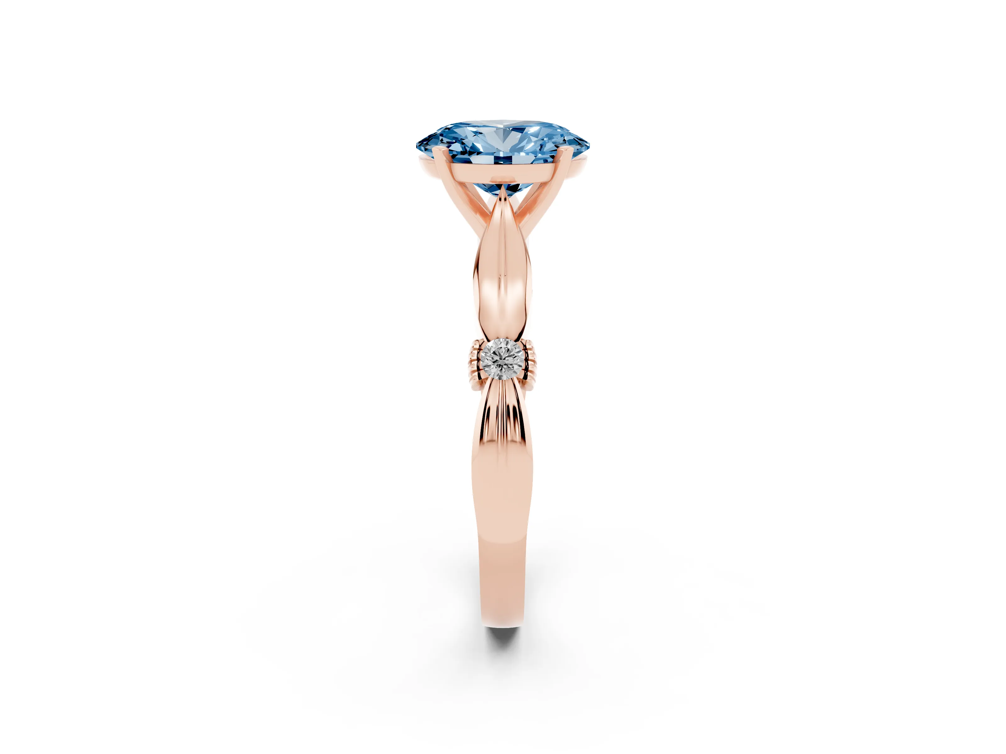 Fancy Blue Oval Cut Diamond Solitaire Twisted Band Ring Set in Rose gold with Accent Stones and Prong Setting