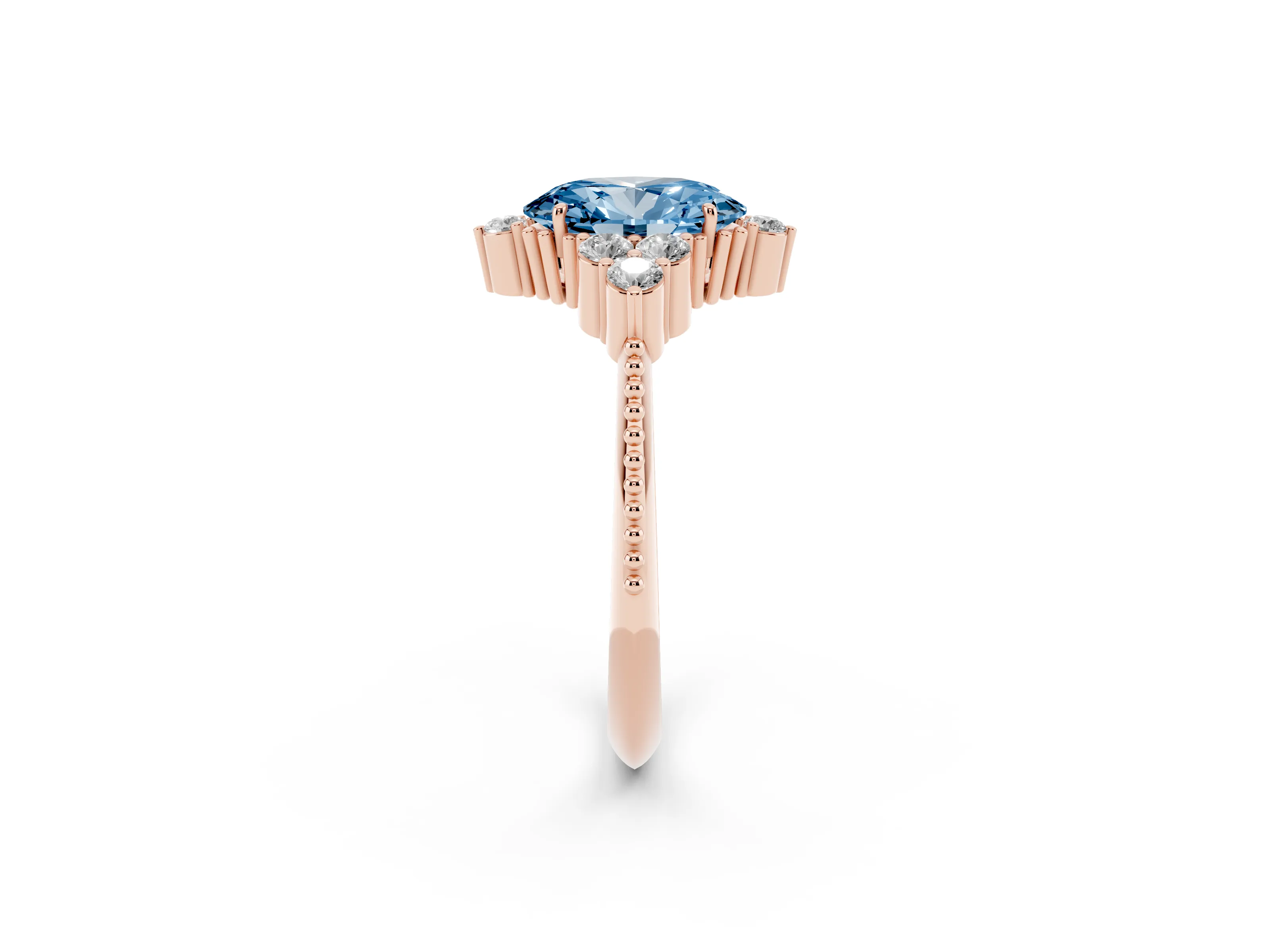 Fancy Blue Oval Cut Diamond Cluster Ring Set in Rose gold with Beaded Band