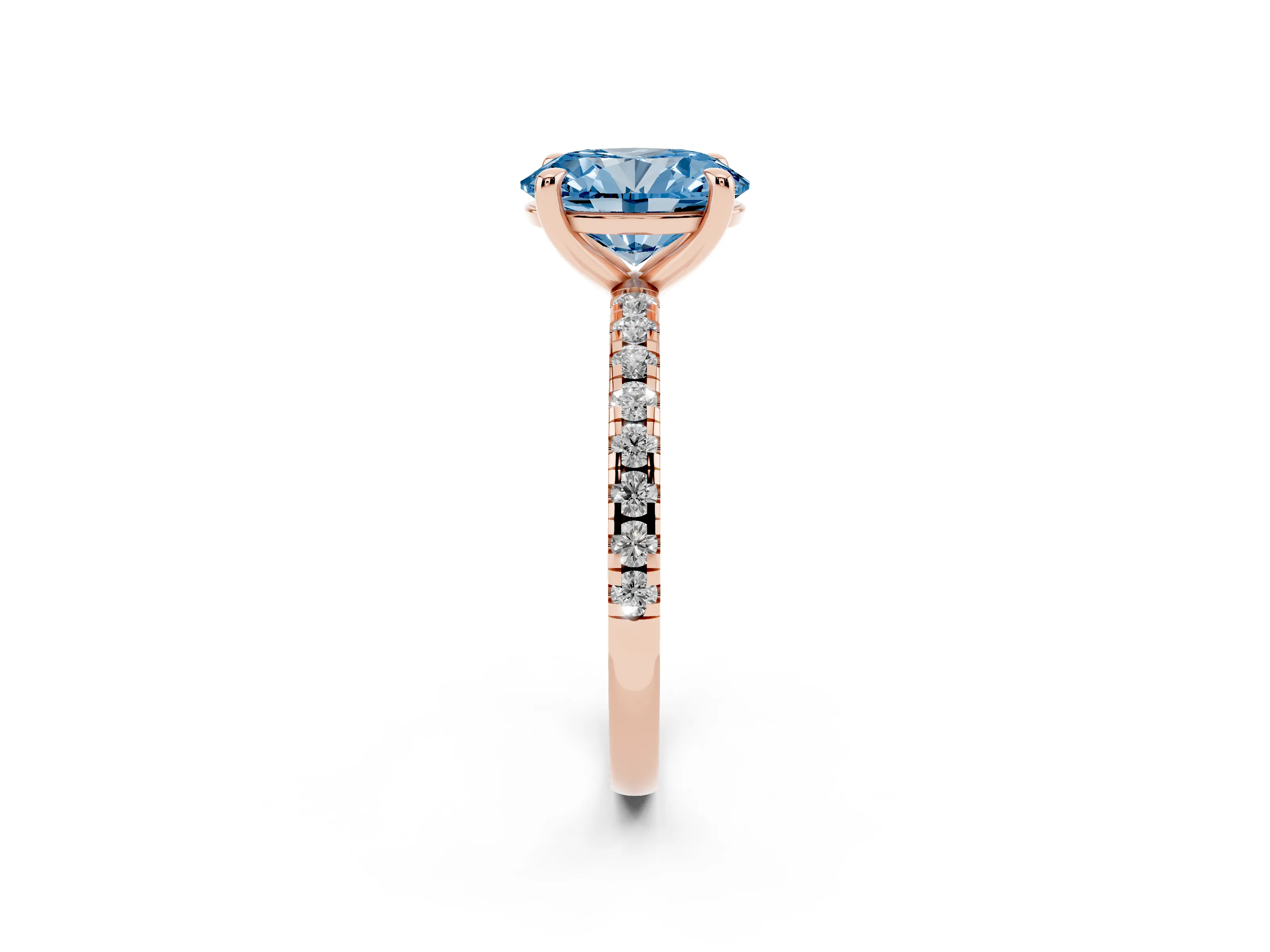 Fancy Blue Oval Cut Diamond Brilliant Solitaire Ring Set in Rose gold with Pavé Band and Prong Setting