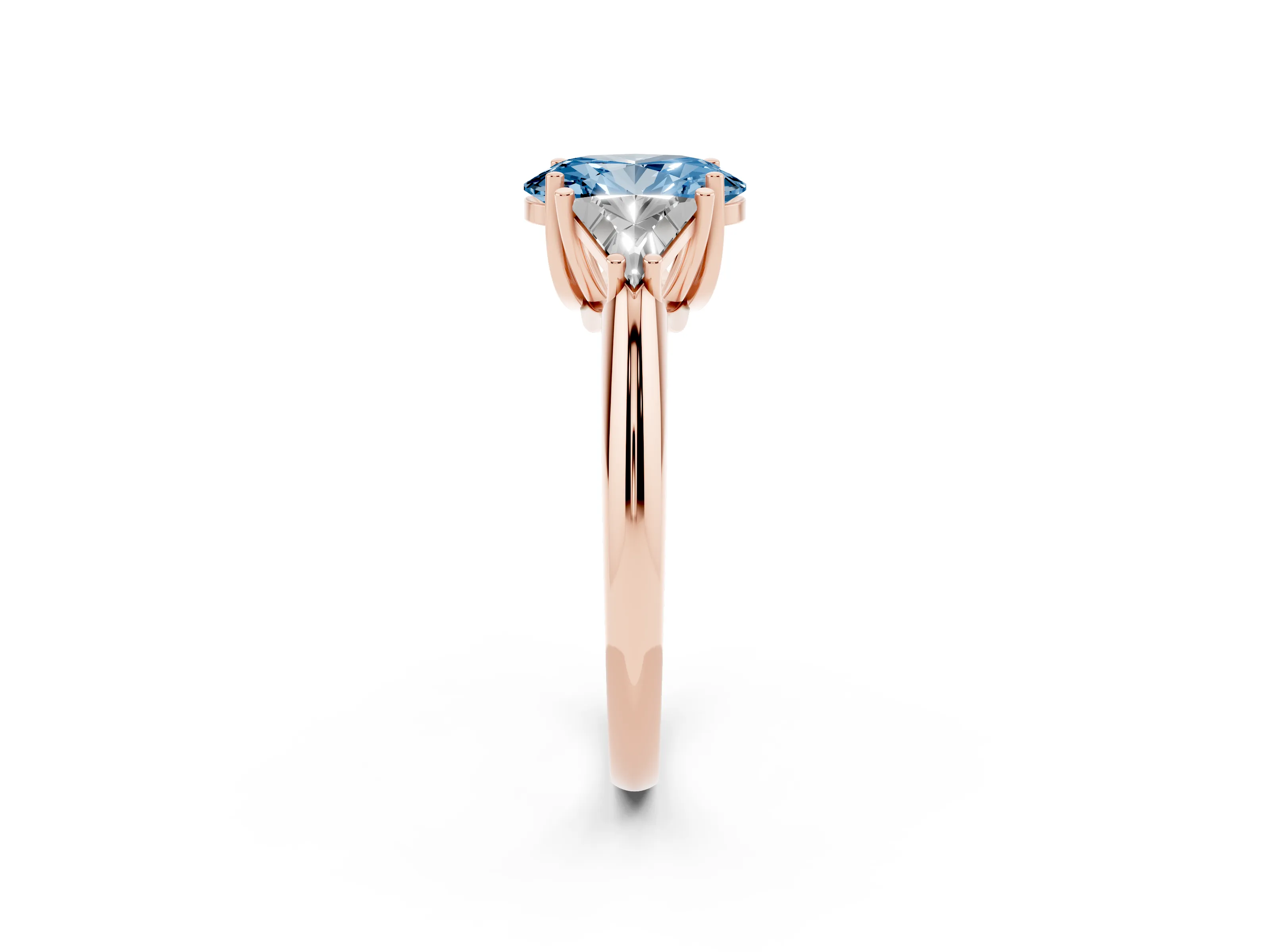Fancy Blue Oval Cut Diamond Three-Stone Engagement Ring Set in Rose gold with Trillion Side Stones
