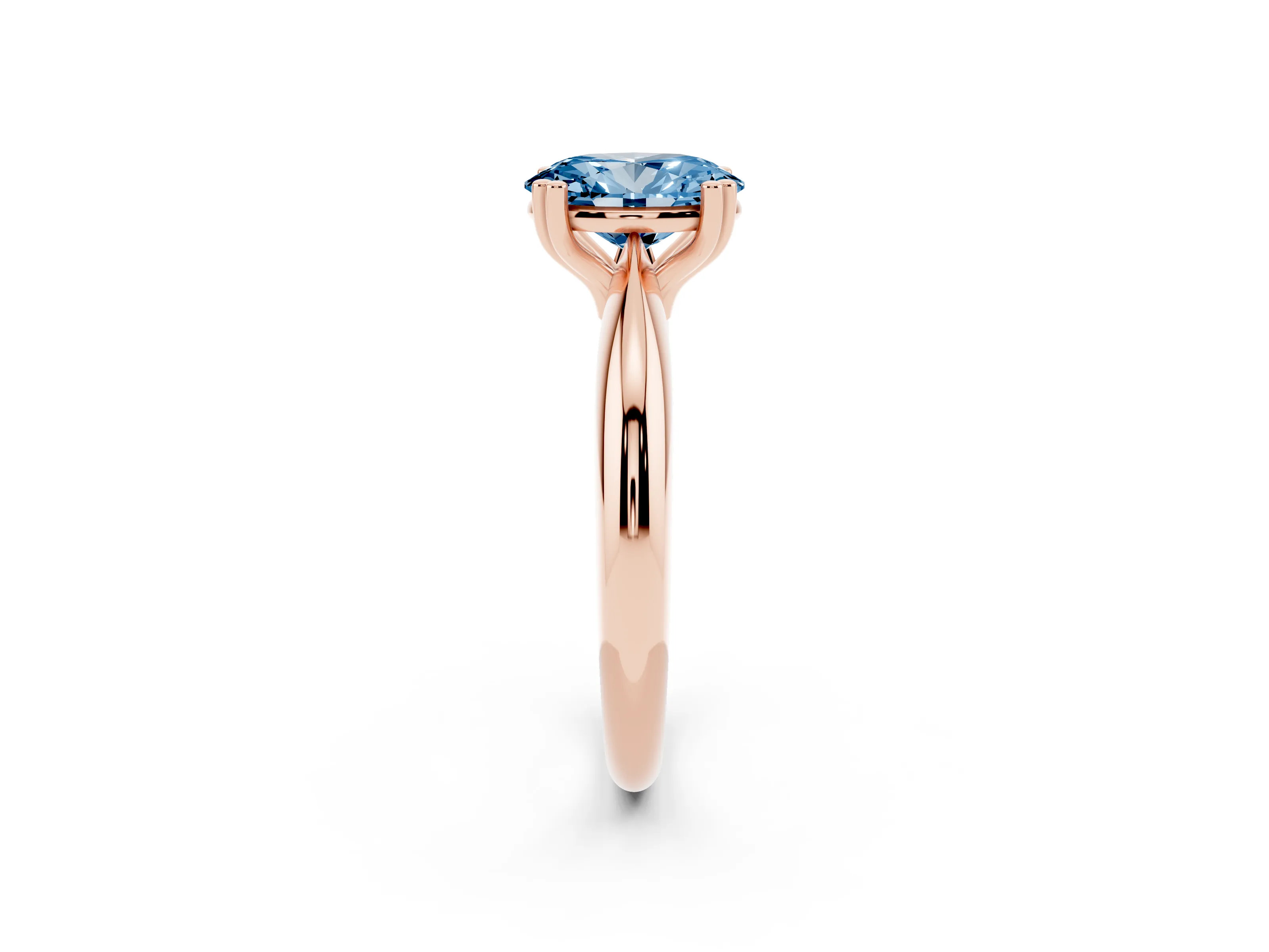Fancy Blue Oval Cut Diamond Solitaire Engagement Ring Set in Rose gold with Tapered Band and Prong Setting