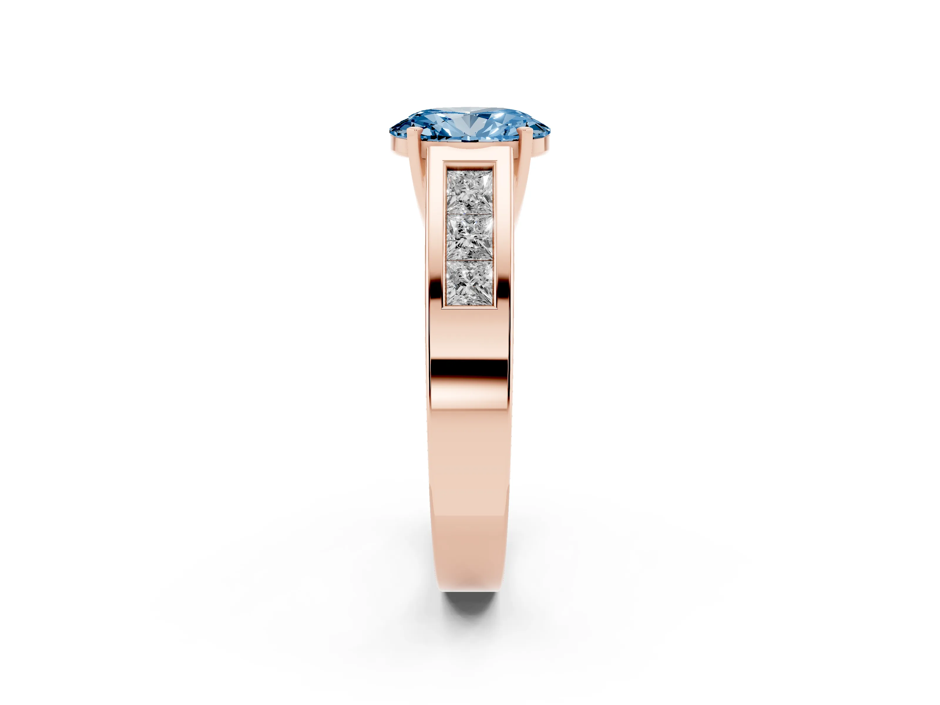 Fancy Blue Oval Cut Diamond Solitaire Ring Set in Rose gold with Channel-Set Accent Stones and Prong Setting