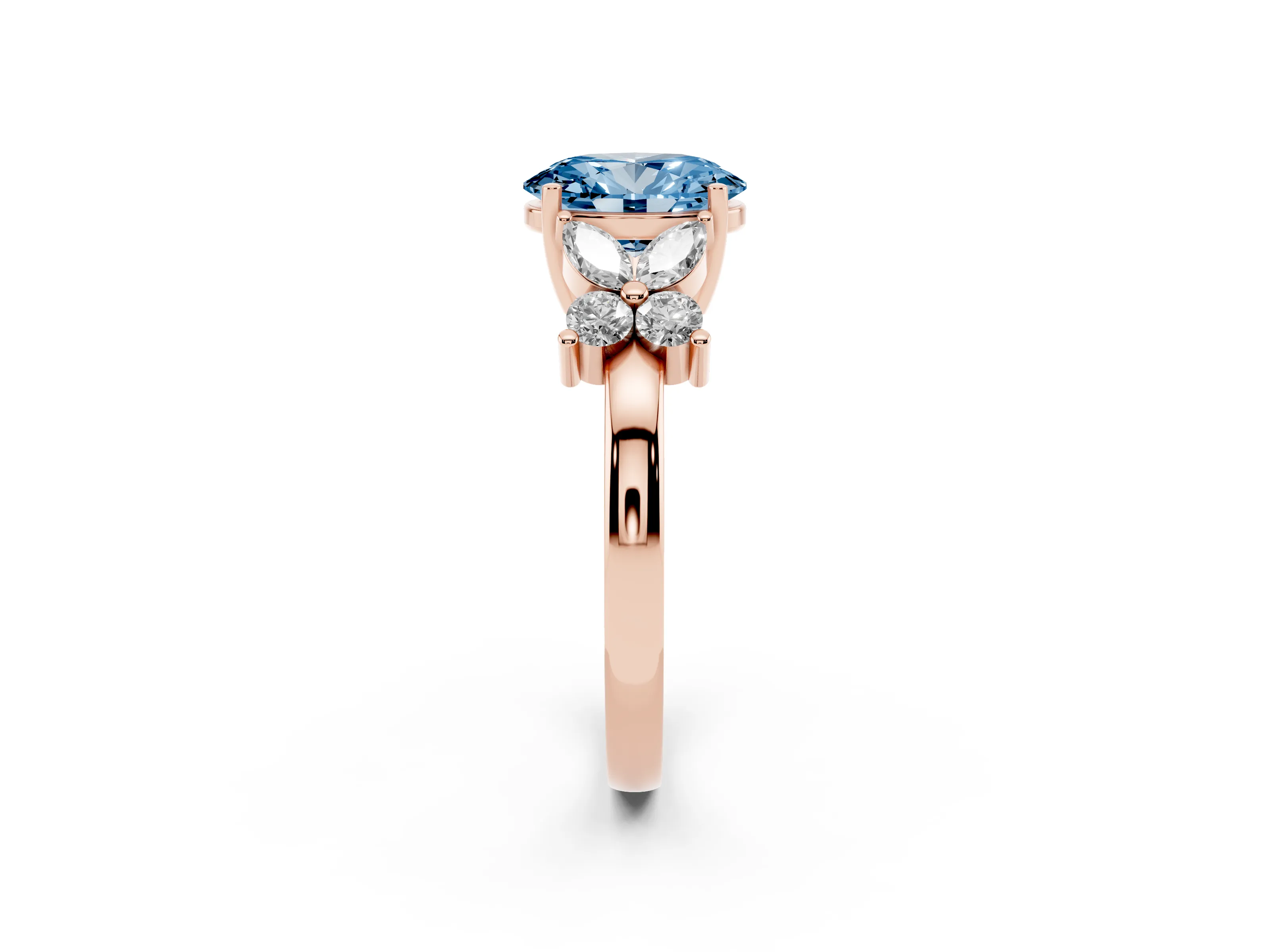 Fancy Blue Oval Cut Diamond Floral Cluster Ring Set in Rose gold with Marquise Petals and Prong Setting