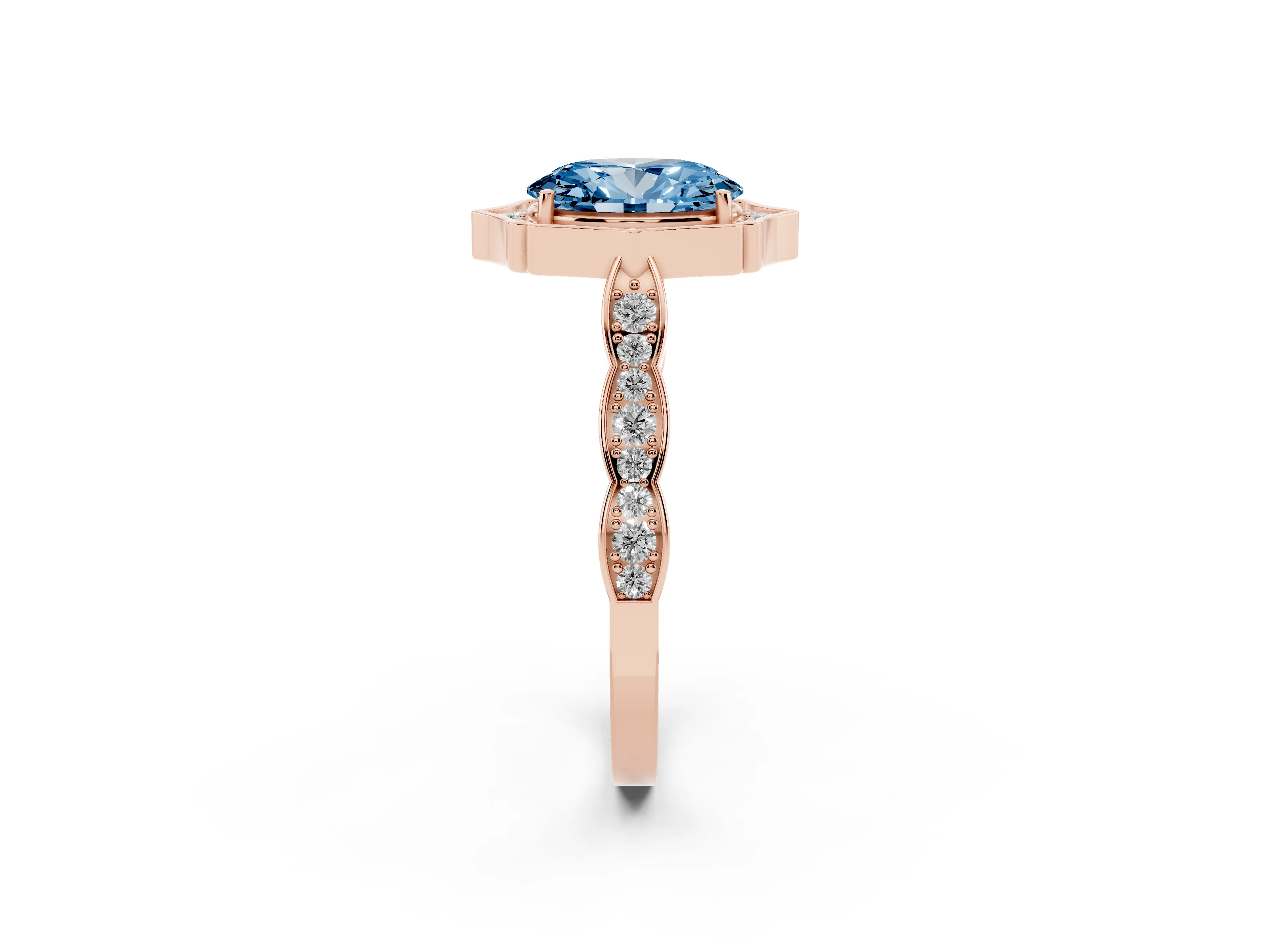 Fancy Blue Oval Cut Diamond Halo Engagement Ring Set in Rose gold with Milgrain Band and Prong Setting