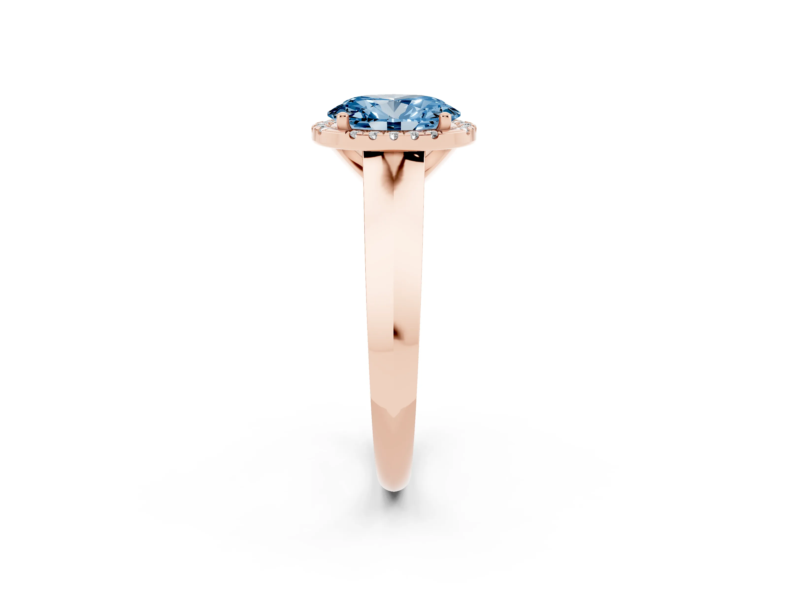 Fancy Blue Oval Cut Diamond Halo Ring Set in Rose gold with Cathedral Band and Prong Setting