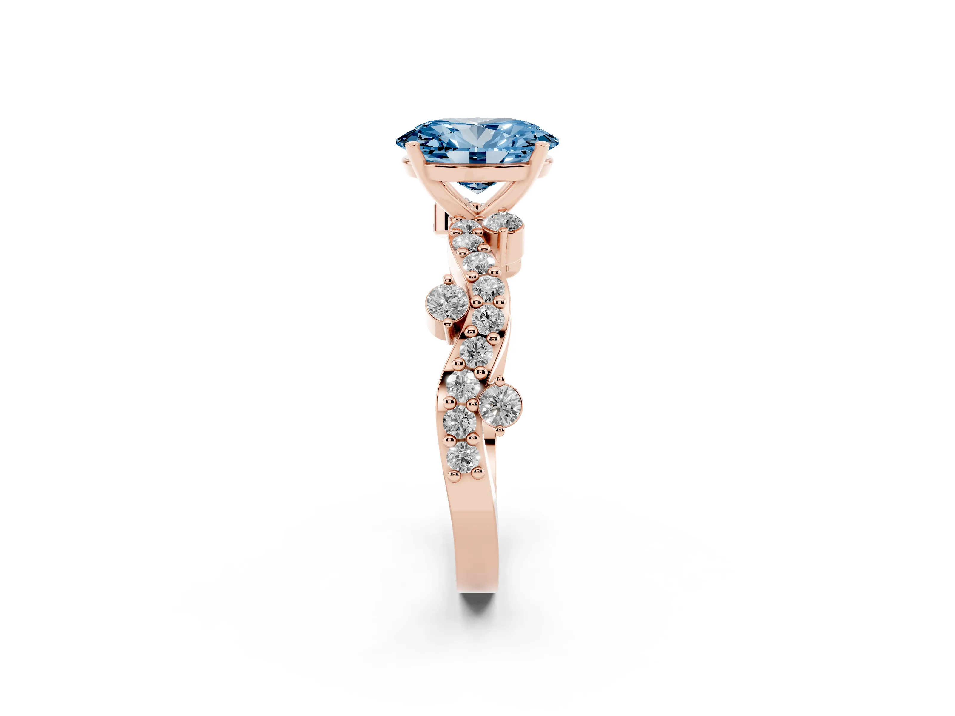 Fancy Blue Oval Cut Diamond Solitaire Twisted Band Set in Rose gold with Pavé Setting