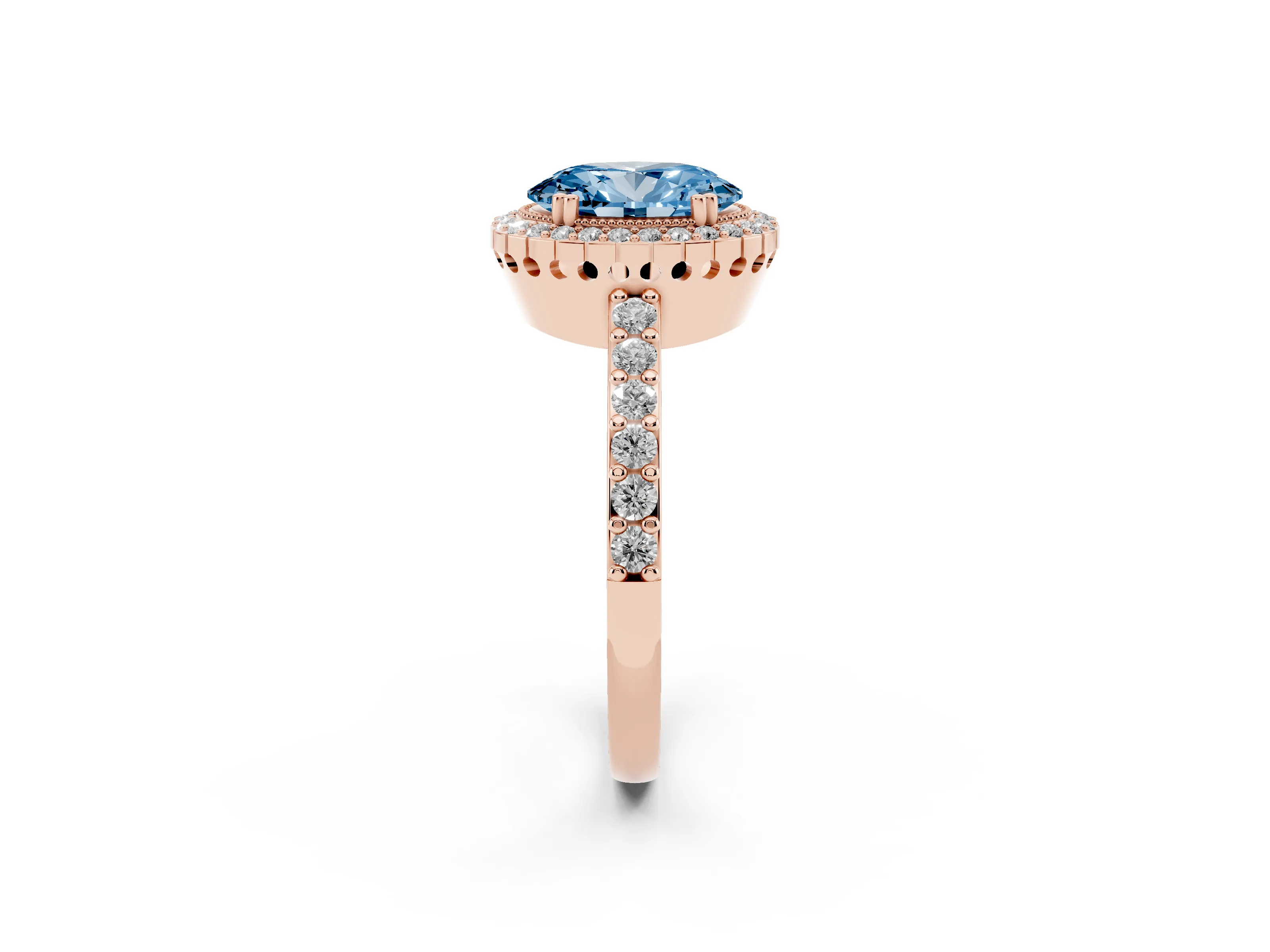Fancy Blue Oval Cut Diamond Halo Engagement Ring Set in Rose gold with Milgrain Detail and Pavé Band
