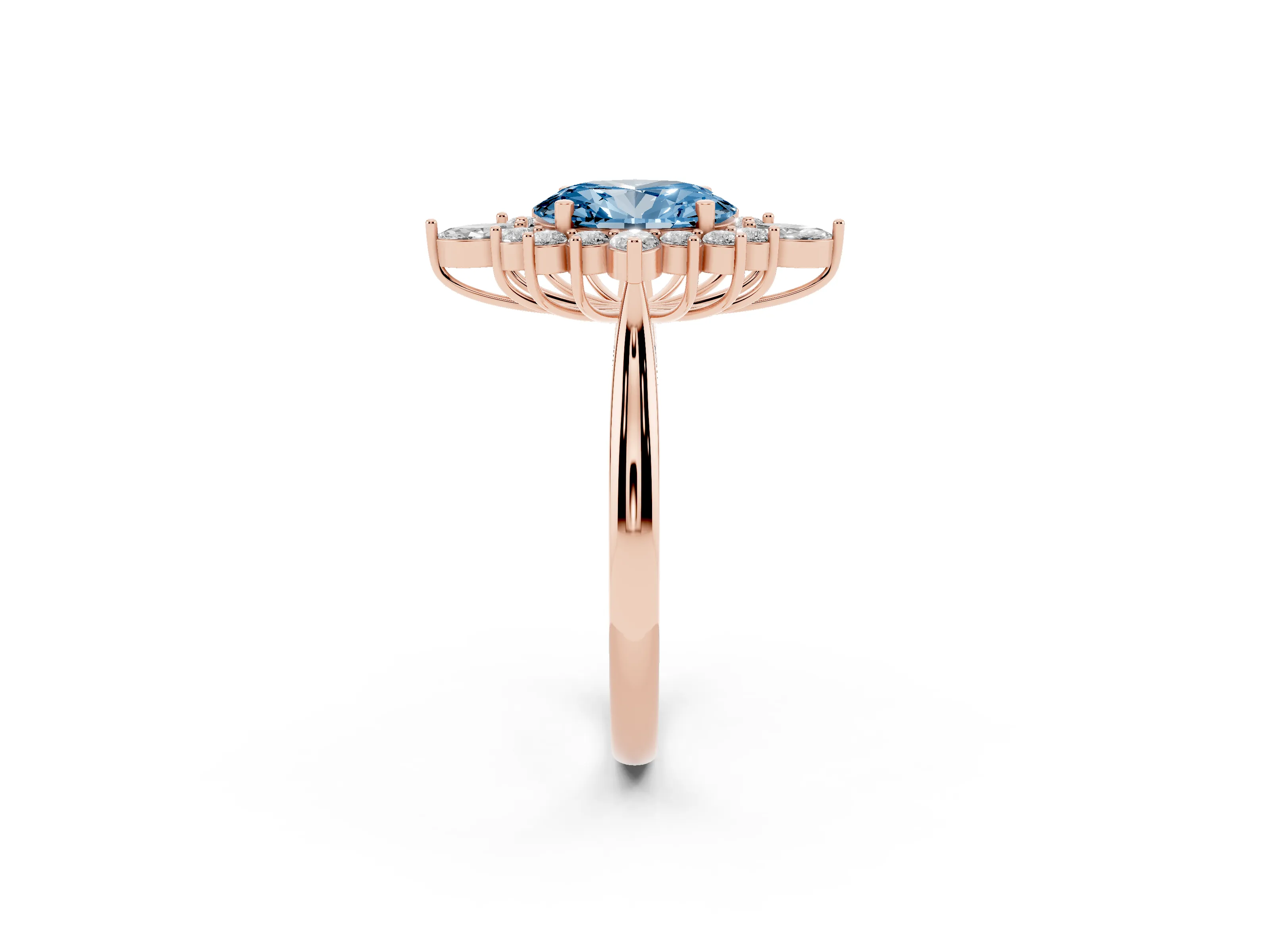 Fancy Blue Oval Cut Diamond Cluster Halo Ring Set in Rose gold with Marquise and Round Accents