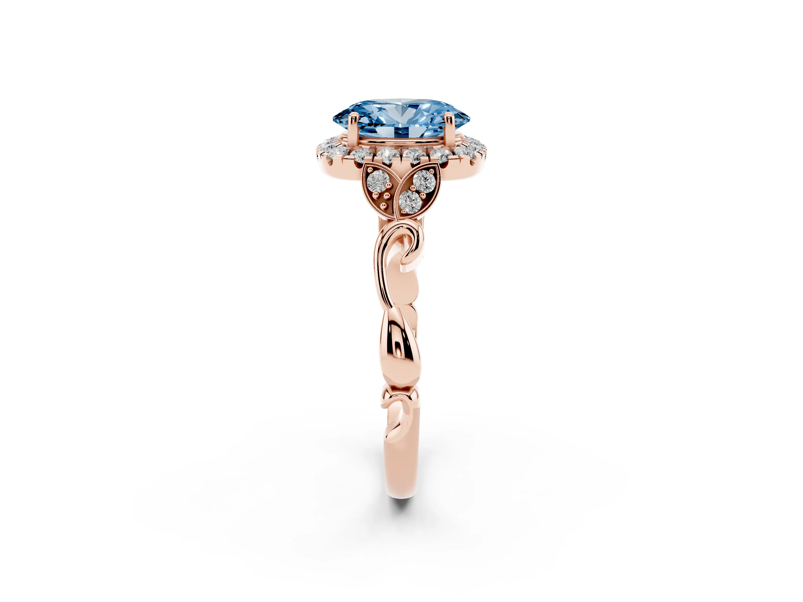 Fancy Blue Oval Cut Diamond Halo Engagement Ring Set in Rose gold with Vintage-Inspired Band and Prong Setting