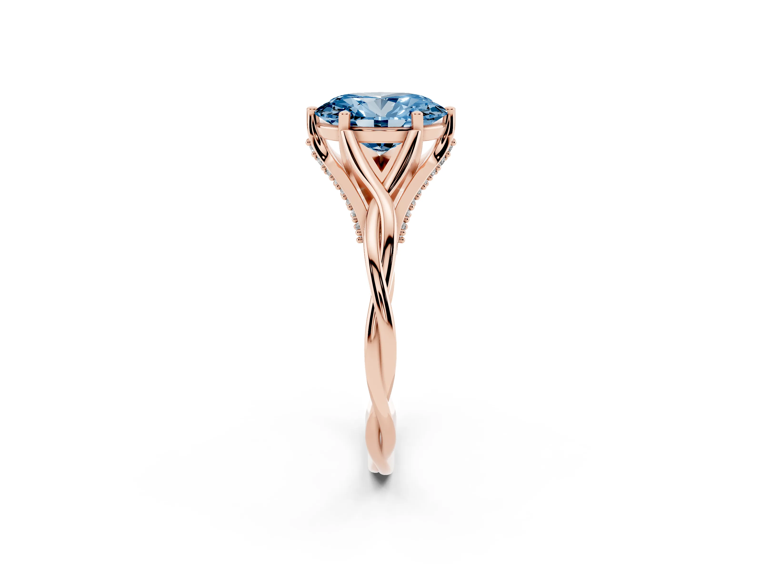 Fancy Blue Oval Cut Diamond Intertwined Twist Band Solitaire Ring Set in Rose gold with Prong Setting