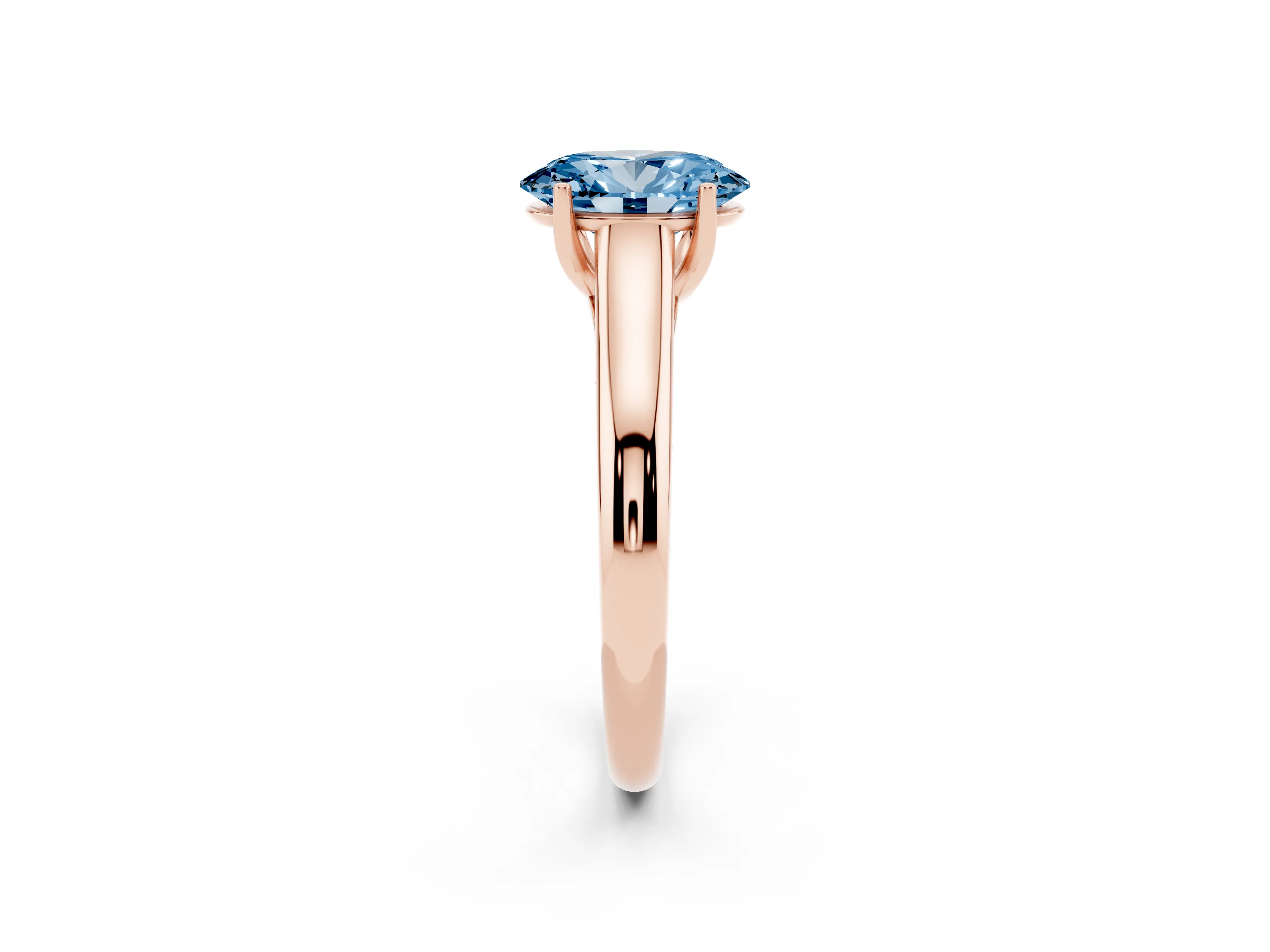 Fancy Blue Oval Cut Diamond Solitaire Engagement Ring Set in Rose gold with Subtly Tapered Band and Prong Setting
