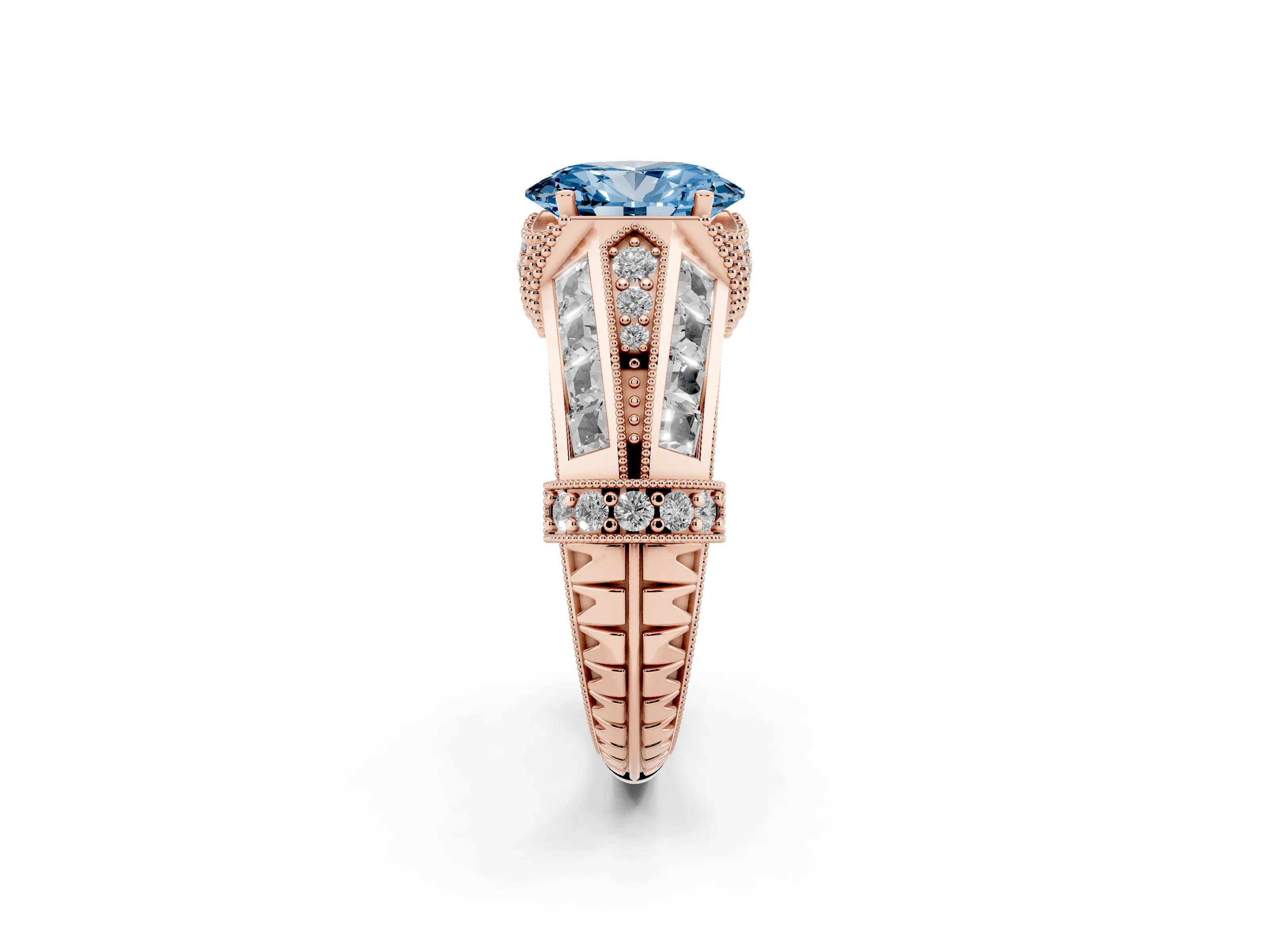 Fancy Blue Oval Cut Diamond Vintage-Inspired Milgrain Ring Set in Rose gold with Accent Split Shank