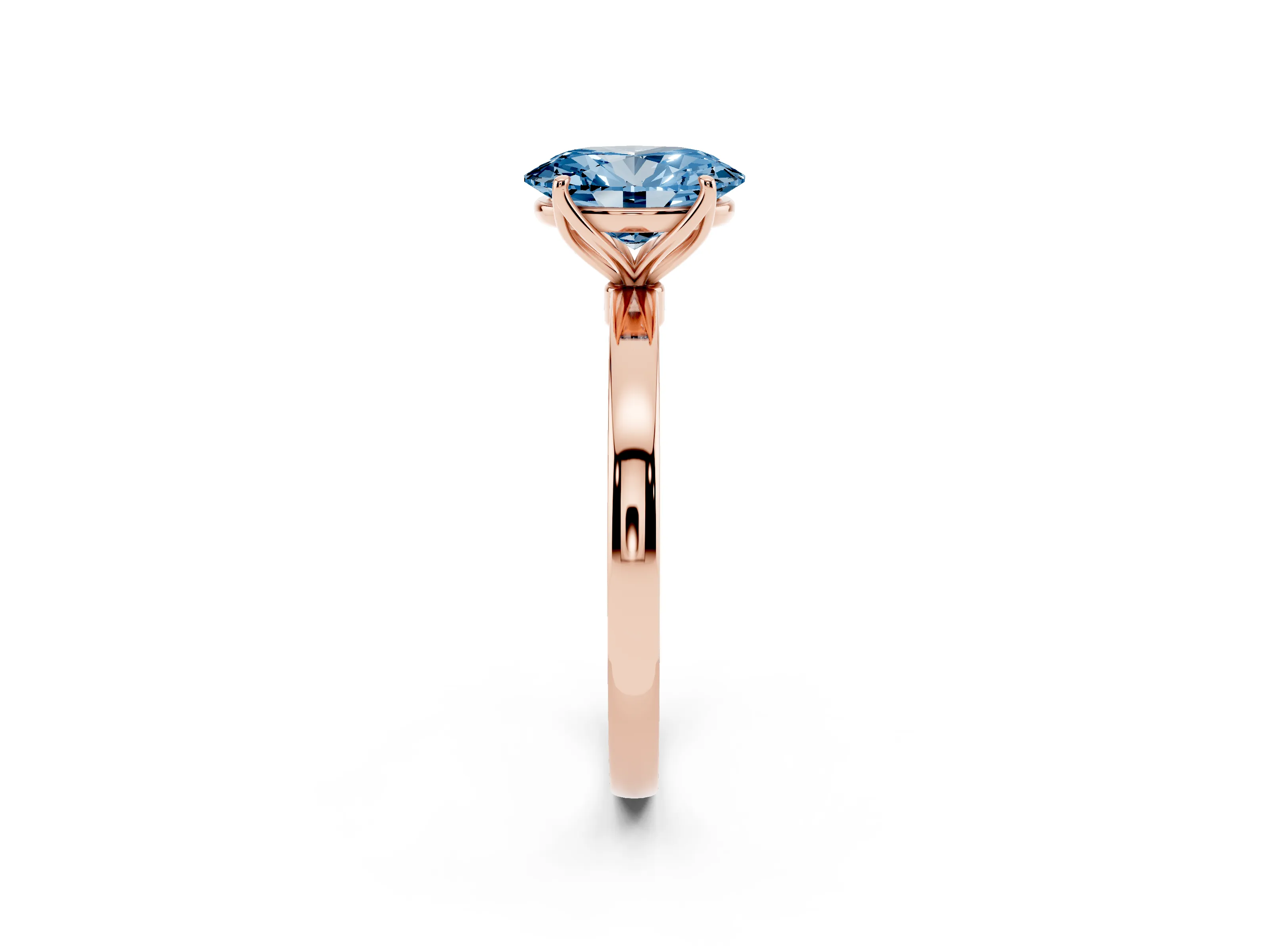 Fancy Blue Oval Cut Diamond Solitaire Ring Set in Rose gold with Prong Setting and Thin Polished Band