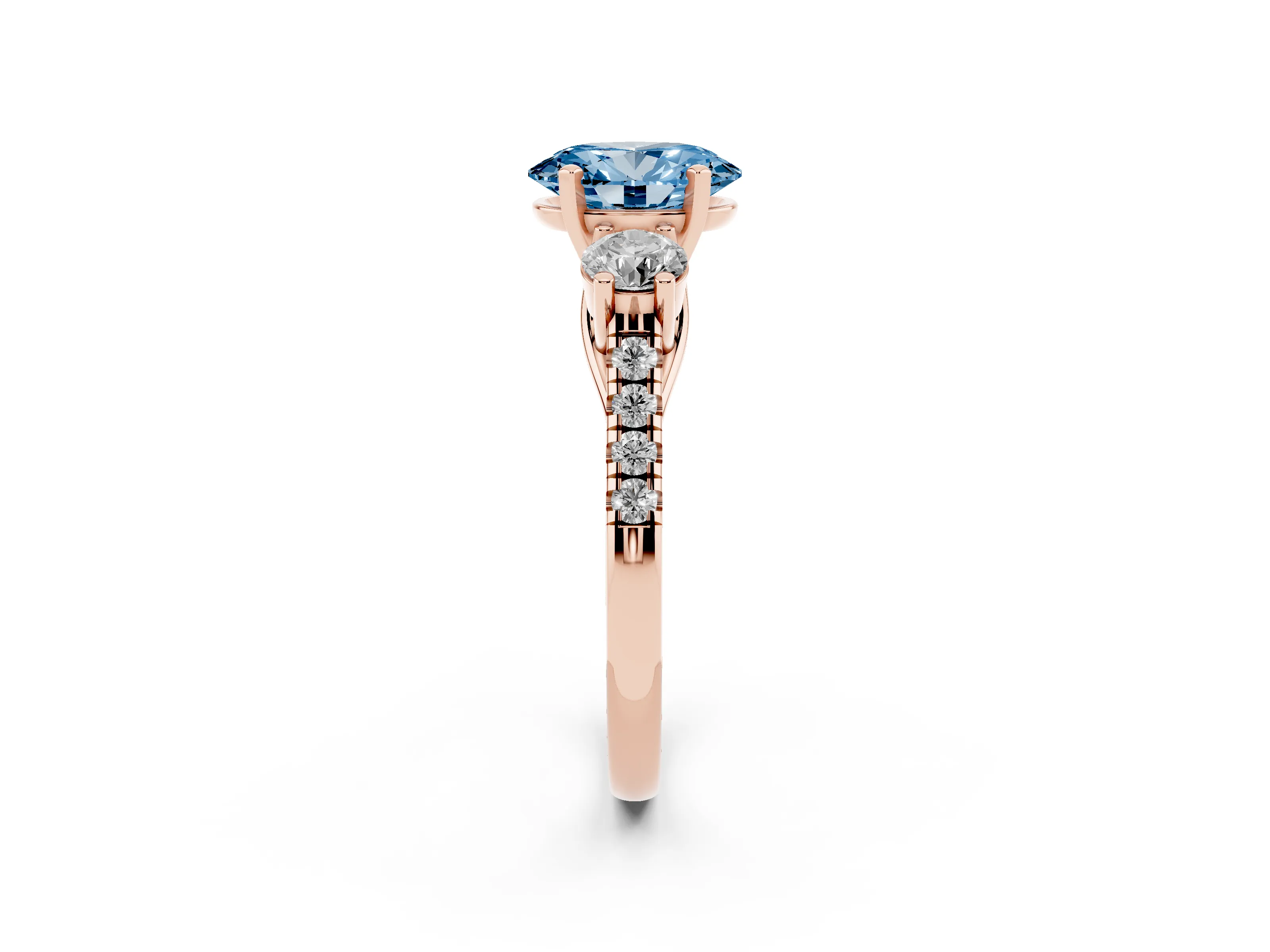Fancy Blue Three-Stone Oval Cut Diamond Pavé Band Ring Set in Rose gold with Prong-Set Trio