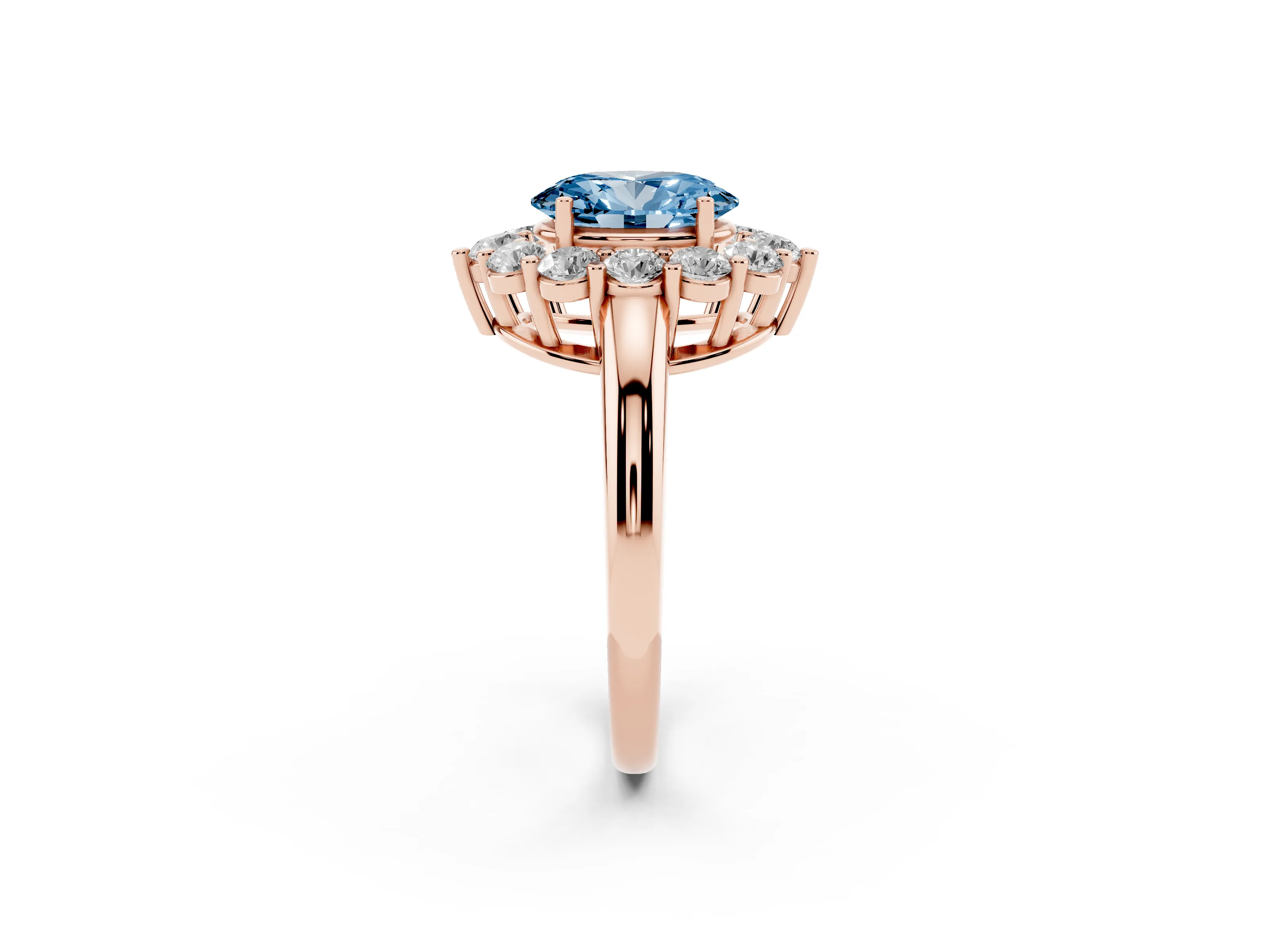 Fancy Blue Oval Cut Diamond Halo Cluster Engagement Ring Set in Rose gold with Polished Band and Prong Setting