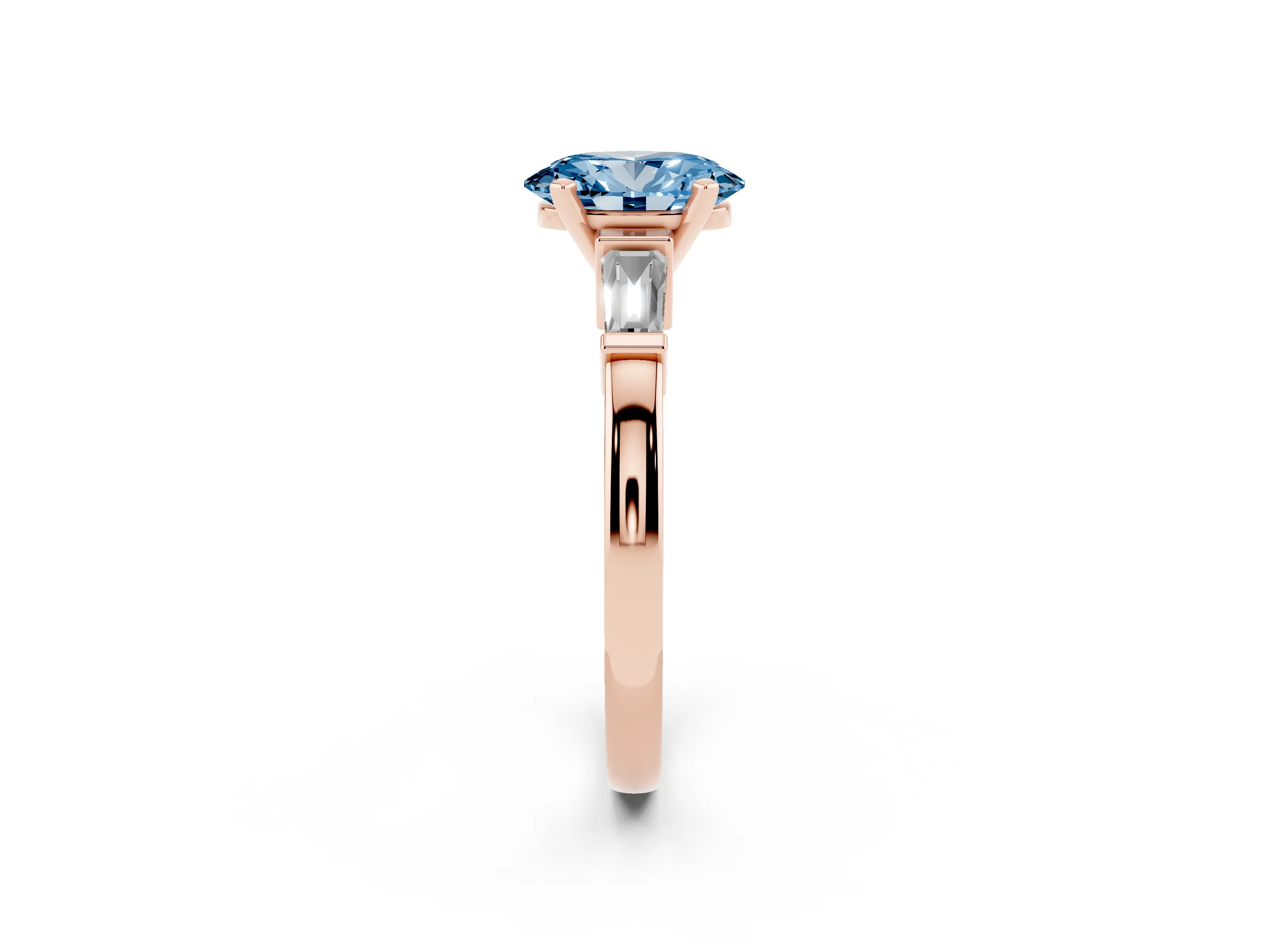 Fancy Blue Oval Cut Diamond Solitaire Ring Set in Rose gold with Tapered Baguette Accents and Prong Setting