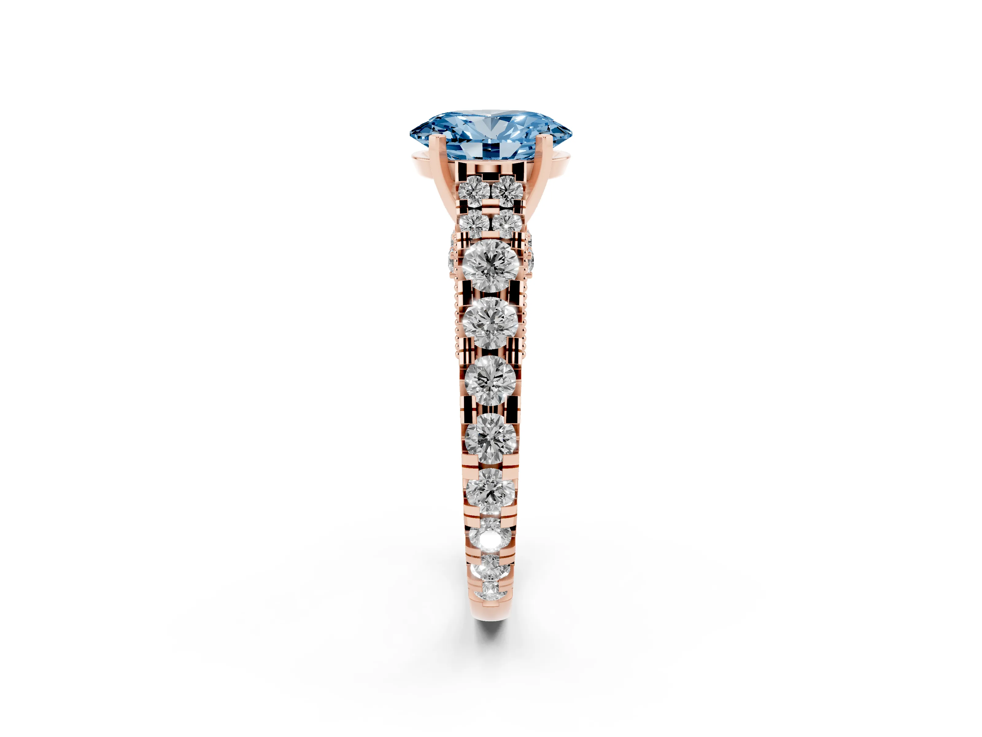 Fancy Blue Oval Cut Diamond Classic Solitaire Ring Set in Rose gold with Pavé Band and Prong Setting