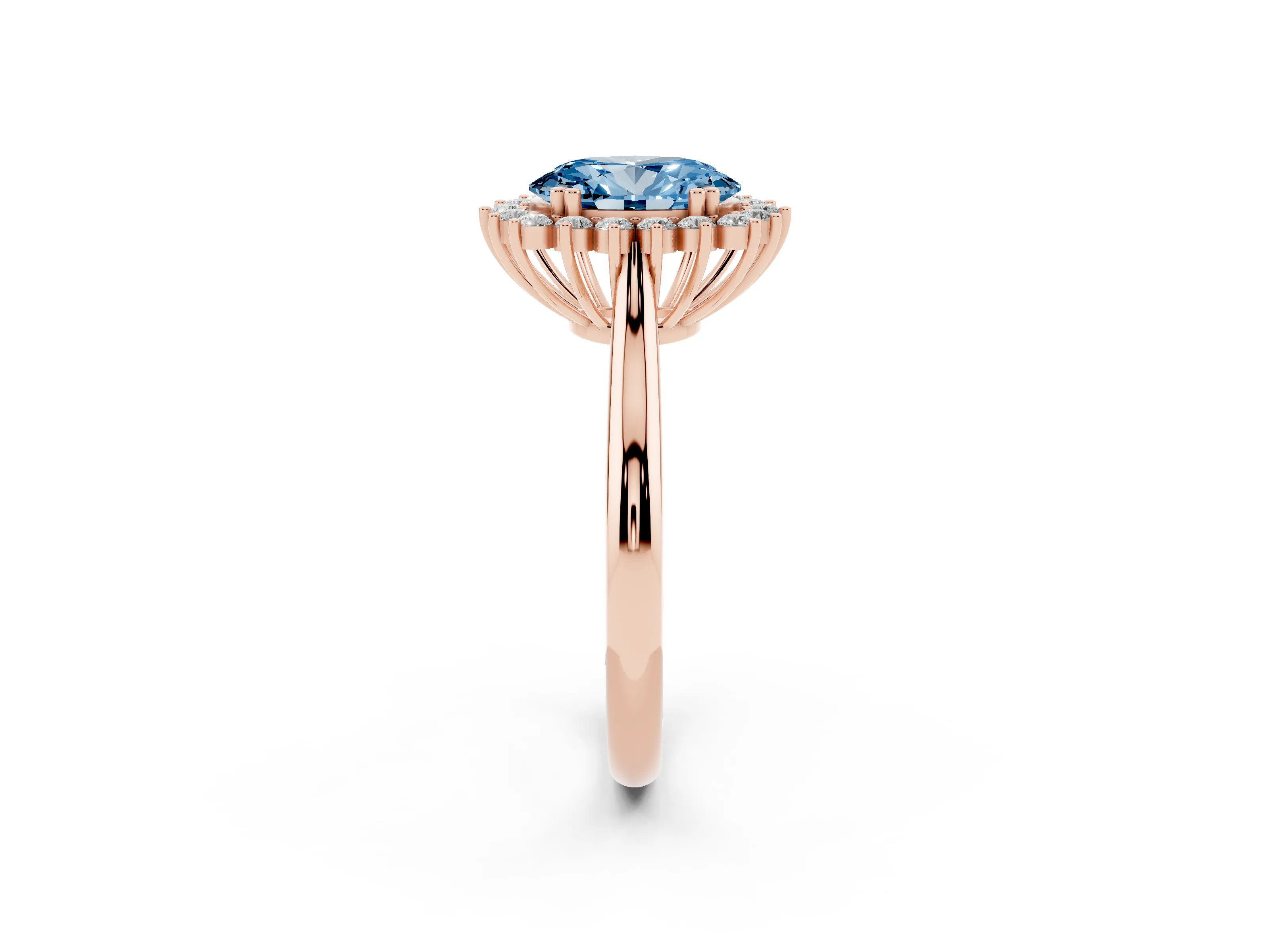 Fancy Blue Oval Cut Diamond Halo Ring Set in Rose gold with Plain Solitaire Band and Prong Setting