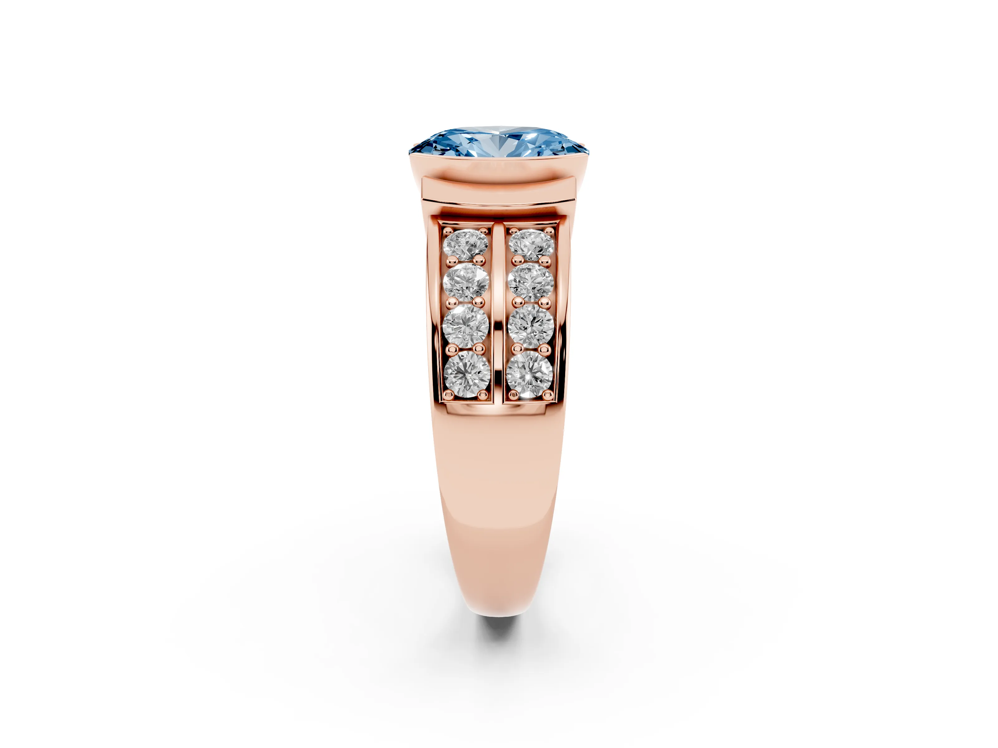 Fancy Blue Oval Cut Diamond Wide Channel Set Band Ring Set in Rose gold with Bezel Setting
