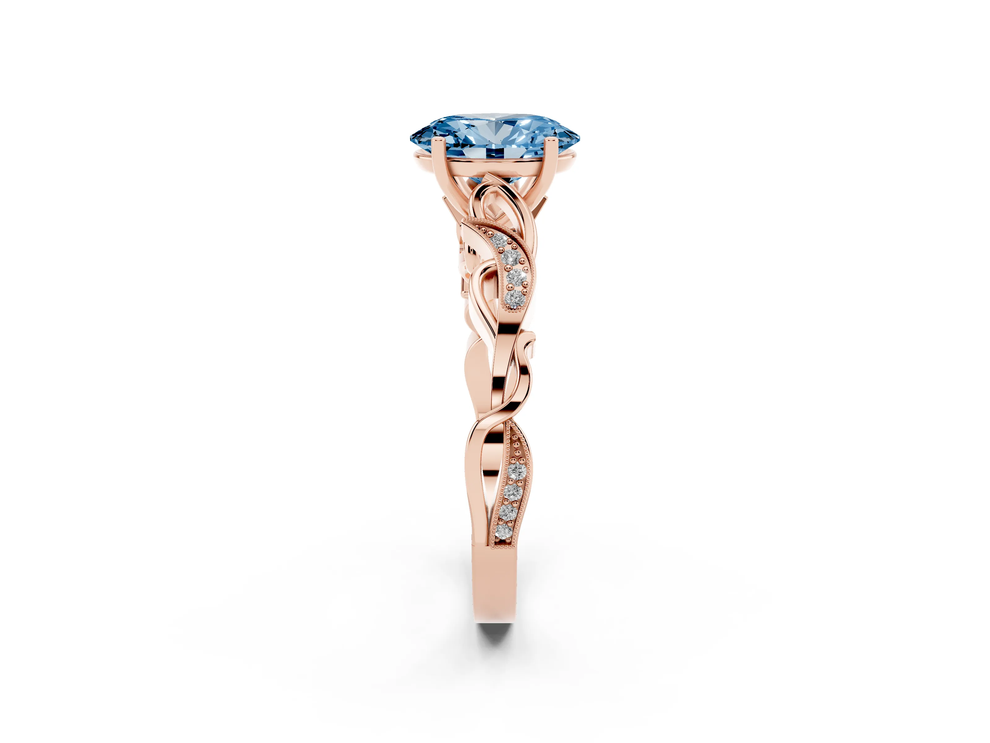 Fancy Blue Oval Cut Diamond Vine Band Solitaire Ring Set in Rose gold with Milgrain Prong Setting