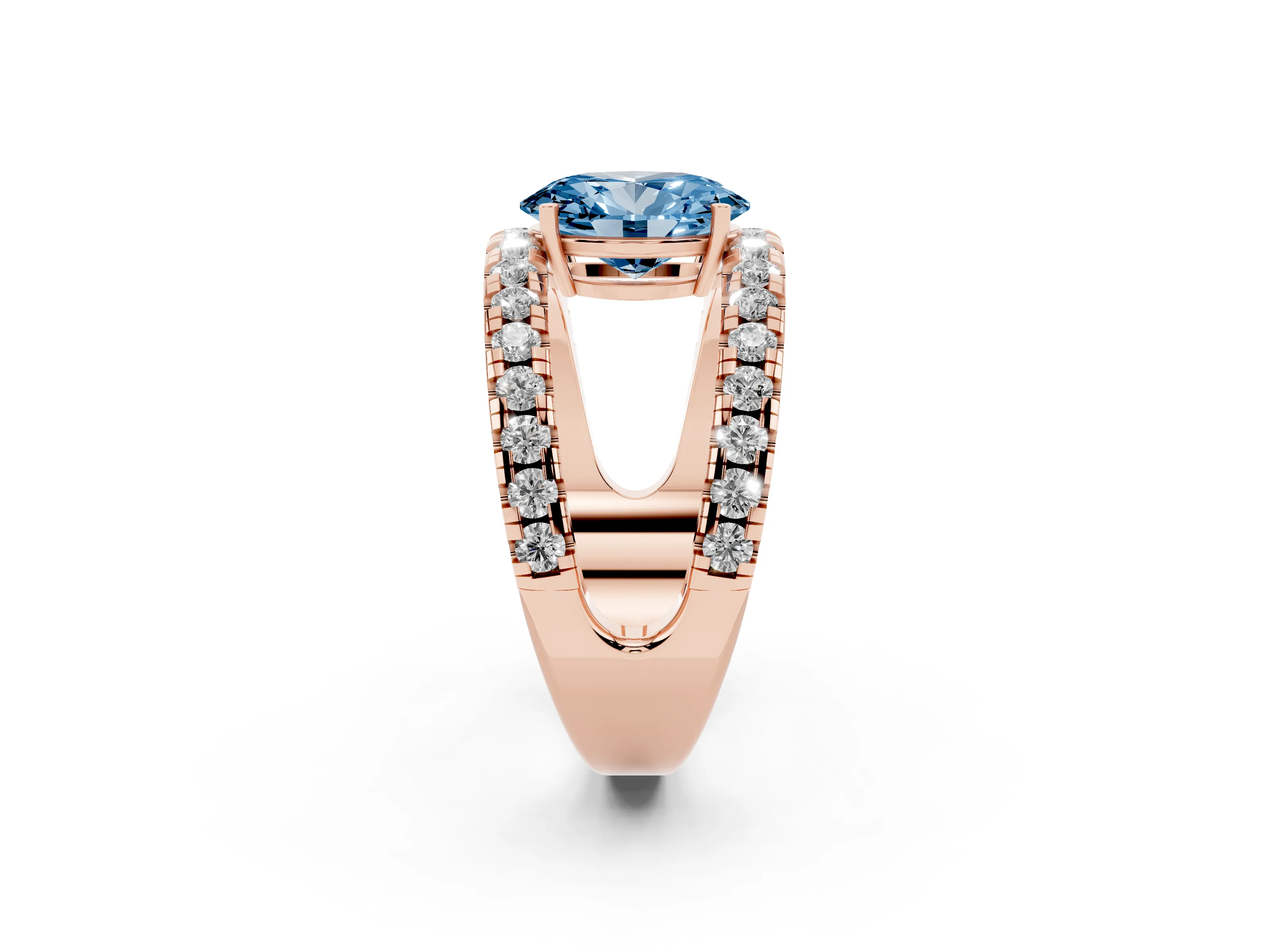 Fancy Blue Oval Cut Diamond Split Shank Pavé Solitaire Ring Set in Rose gold with Open Shank Design