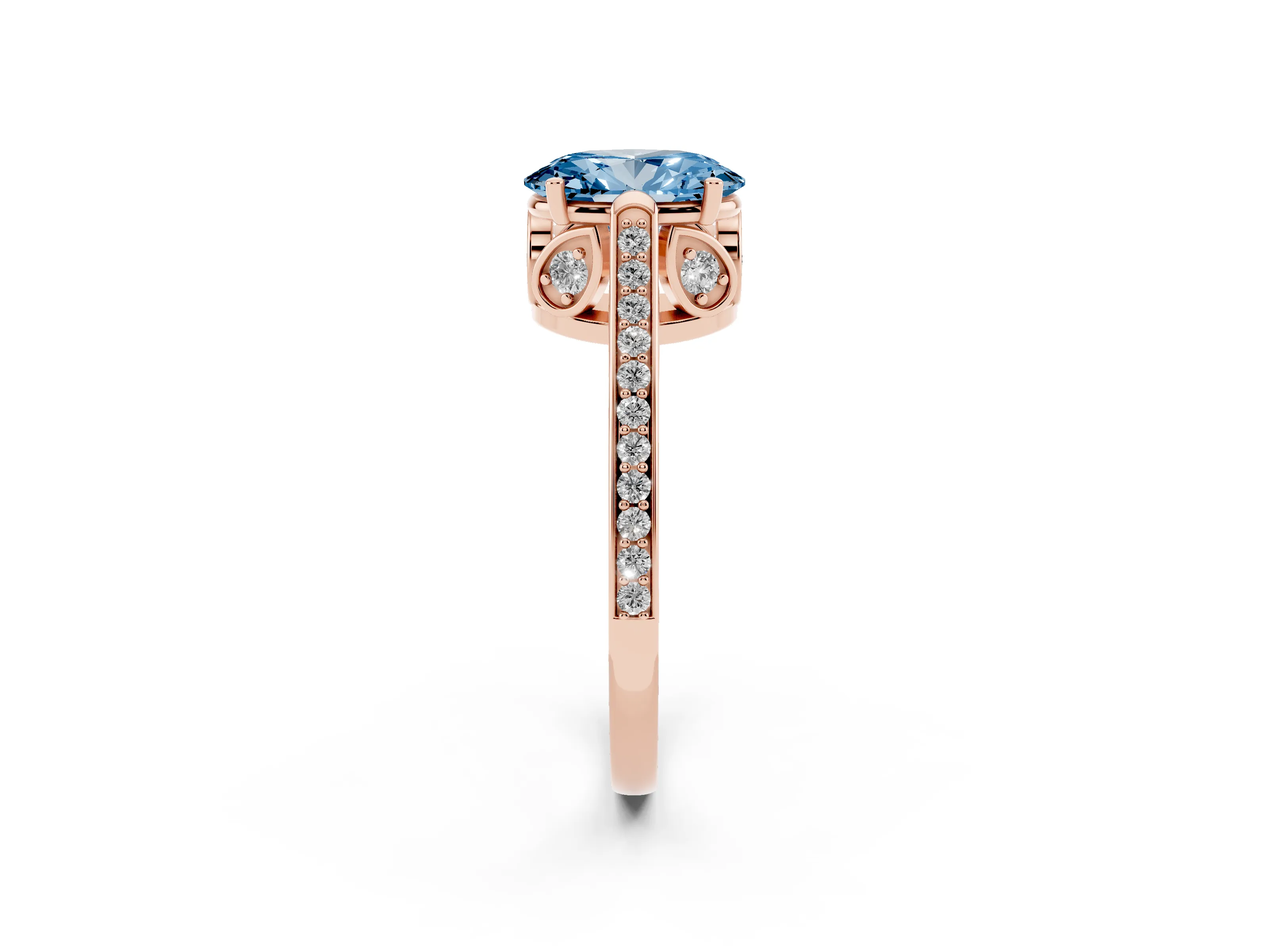 Fancy Blue Oval Cut Diamond Cathedral Pavé Engagement Ring Set in Rose gold with Prong Setting