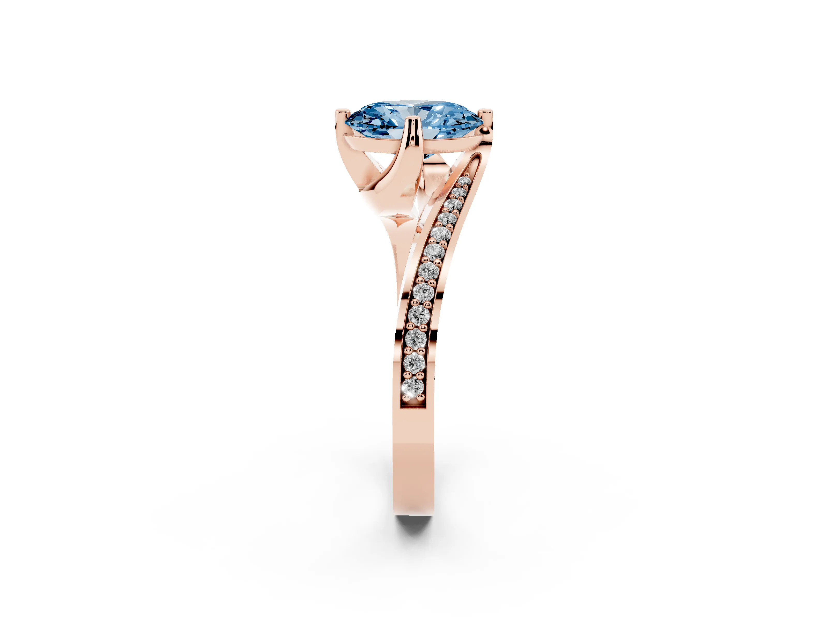 Fancy Blue Oval Cut Diamond Solitaire Ring Set in Rose gold with Intertwined Pavé Twist Band