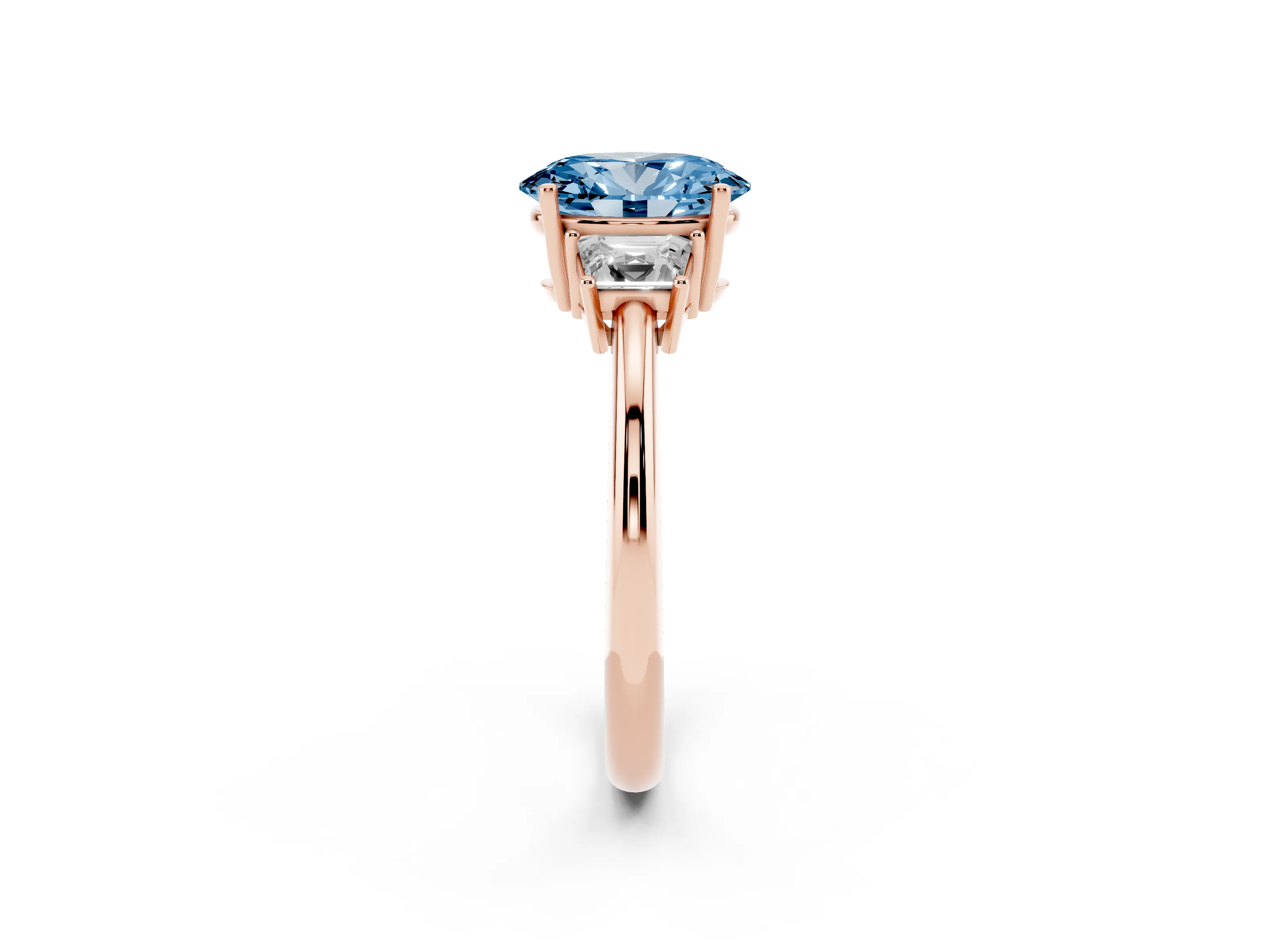 Fancy Blue Oval Cut Diamond Three-Stone Ring Set in Rose gold with Trapezoid Side Stones and Prong Setting