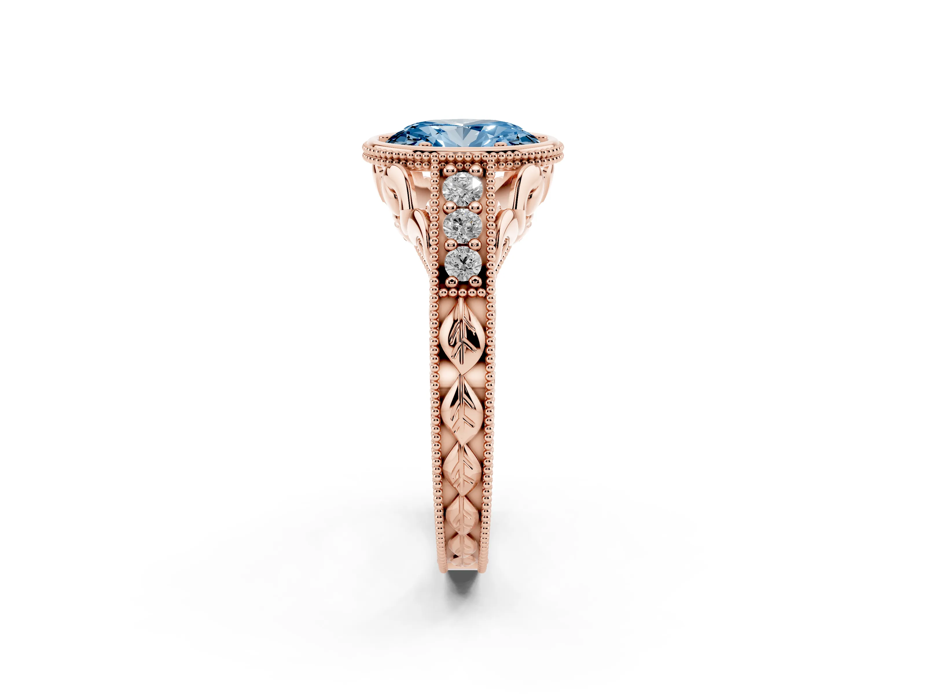Fancy Blue Bezel Set Oval Cut Diamond Milgrain Pavé Engagement Ring Set in Rose gold