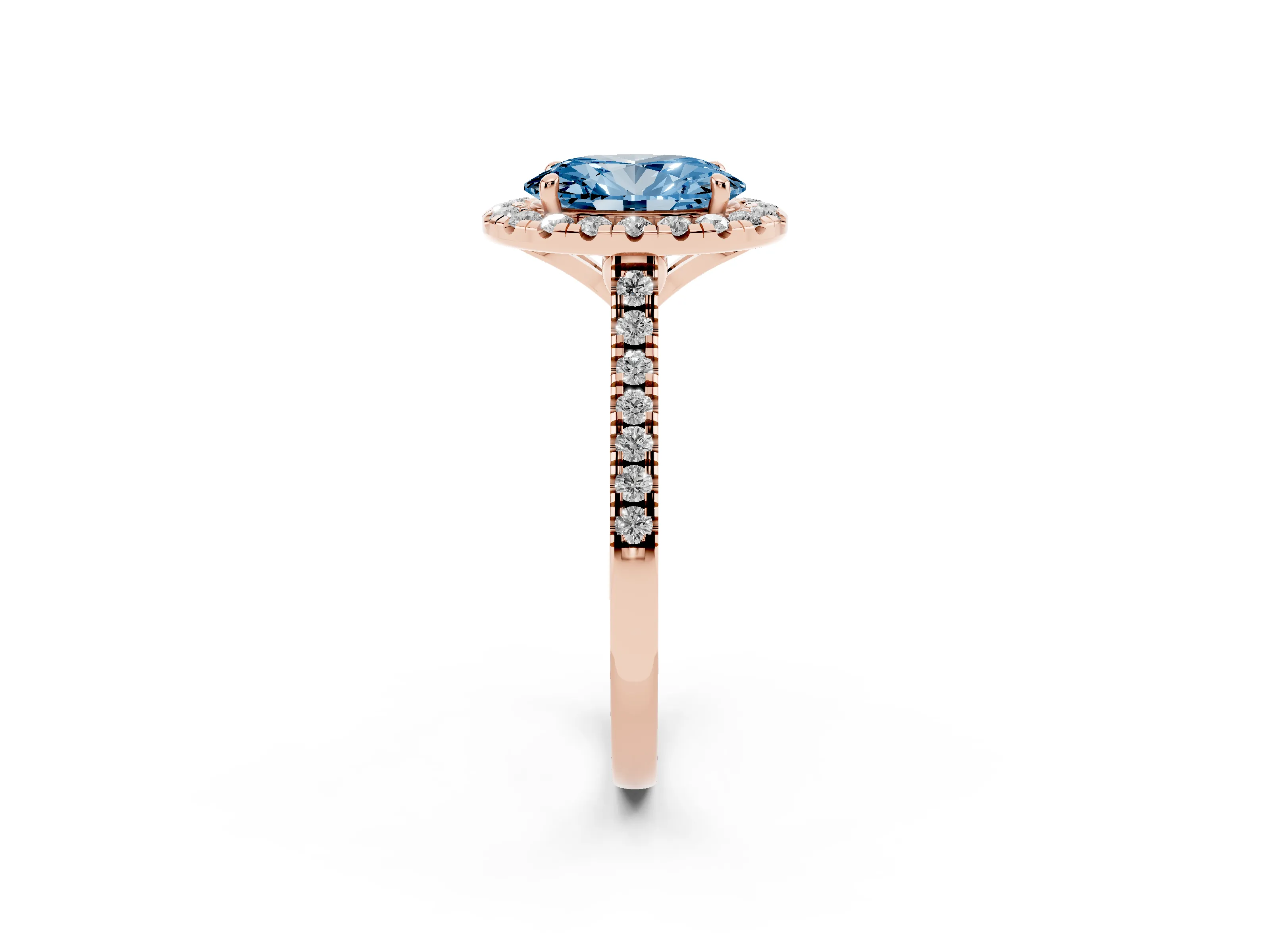 Fancy Blue Oval Cut Diamond Cushion Halo Ring Set in Rose gold with Pavé Band