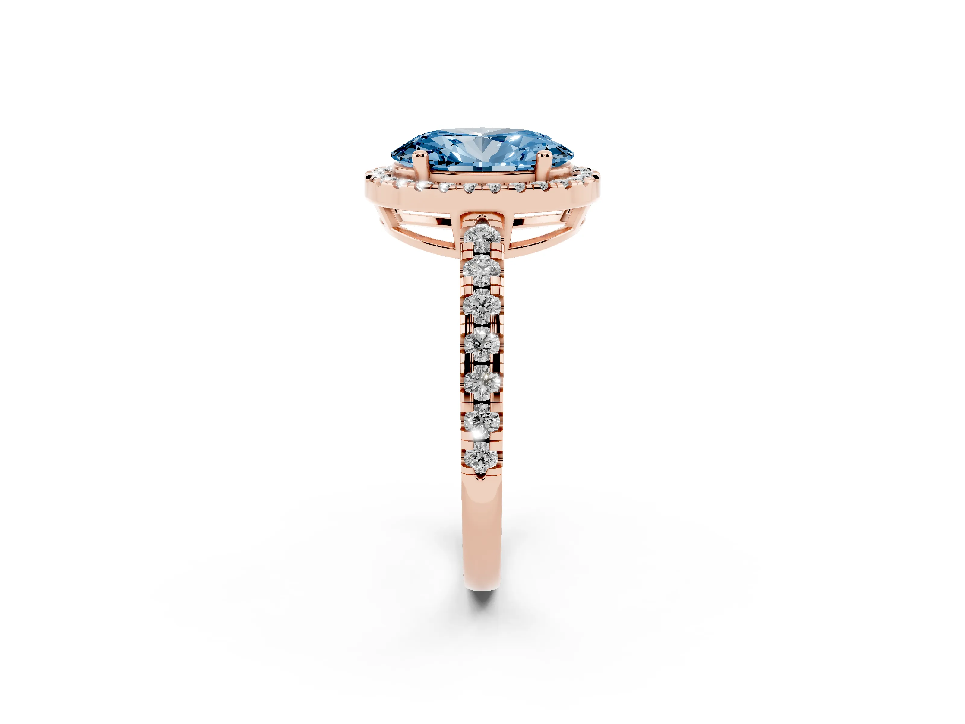 Fancy Blue Oval Cut Diamond Halo Ring Set in Rose gold with Delicate Pavé Band and Prong Setting