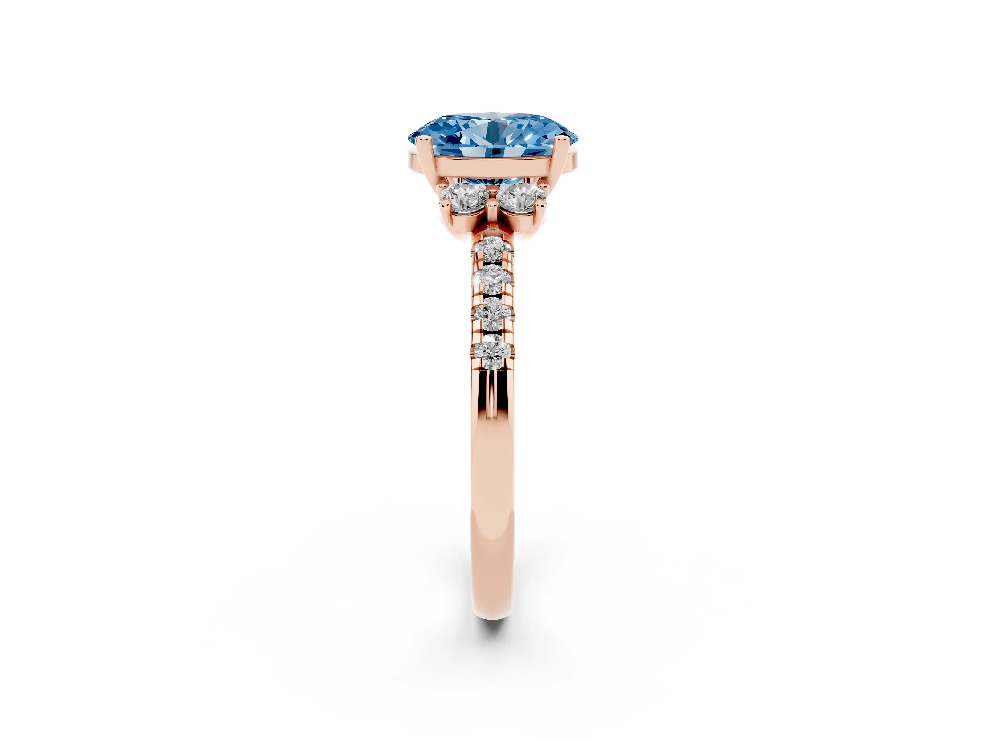 Fancy Blue Oval Cut Diamond Three-Stone Pavé Ring Set in Rose gold with Prong Setting