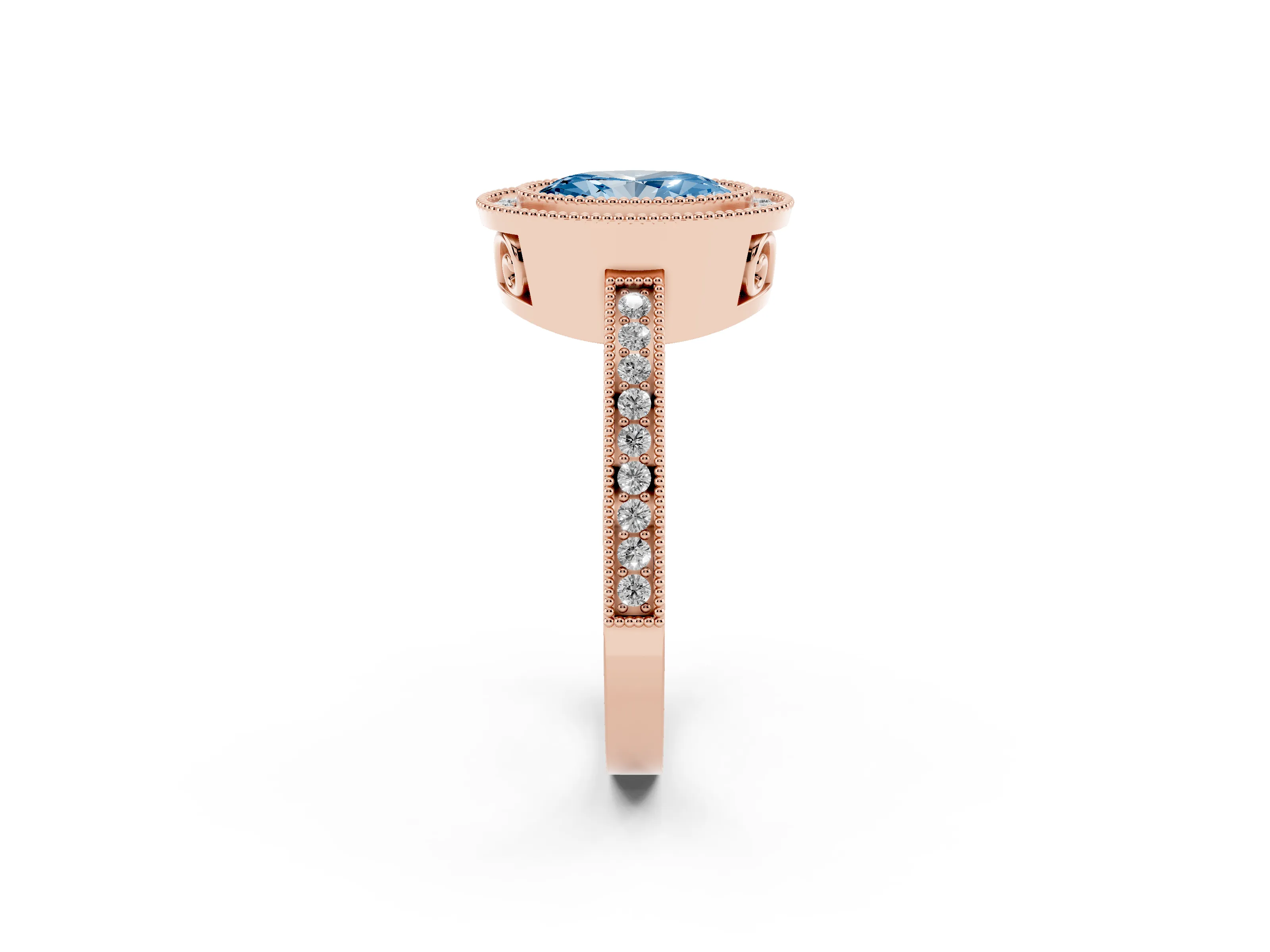 Fancy Blue Oval Cut Diamond Halo Ring Set in Rose gold with Pavé Band and Milgrain-Edged Prongs