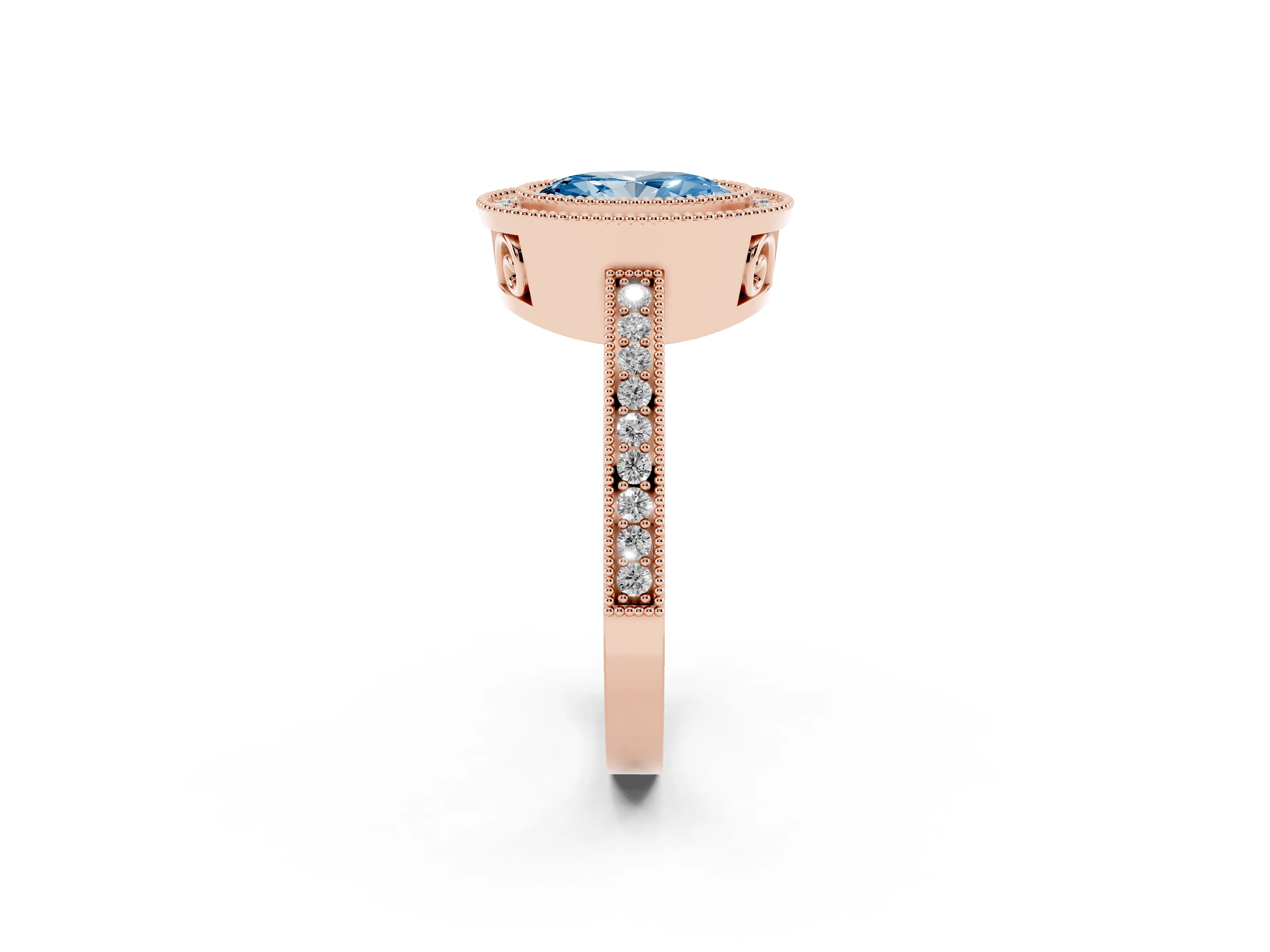 Fancy Blue Oval Cut Diamond Round Halo Ring Set in Rose gold with Pavé Band