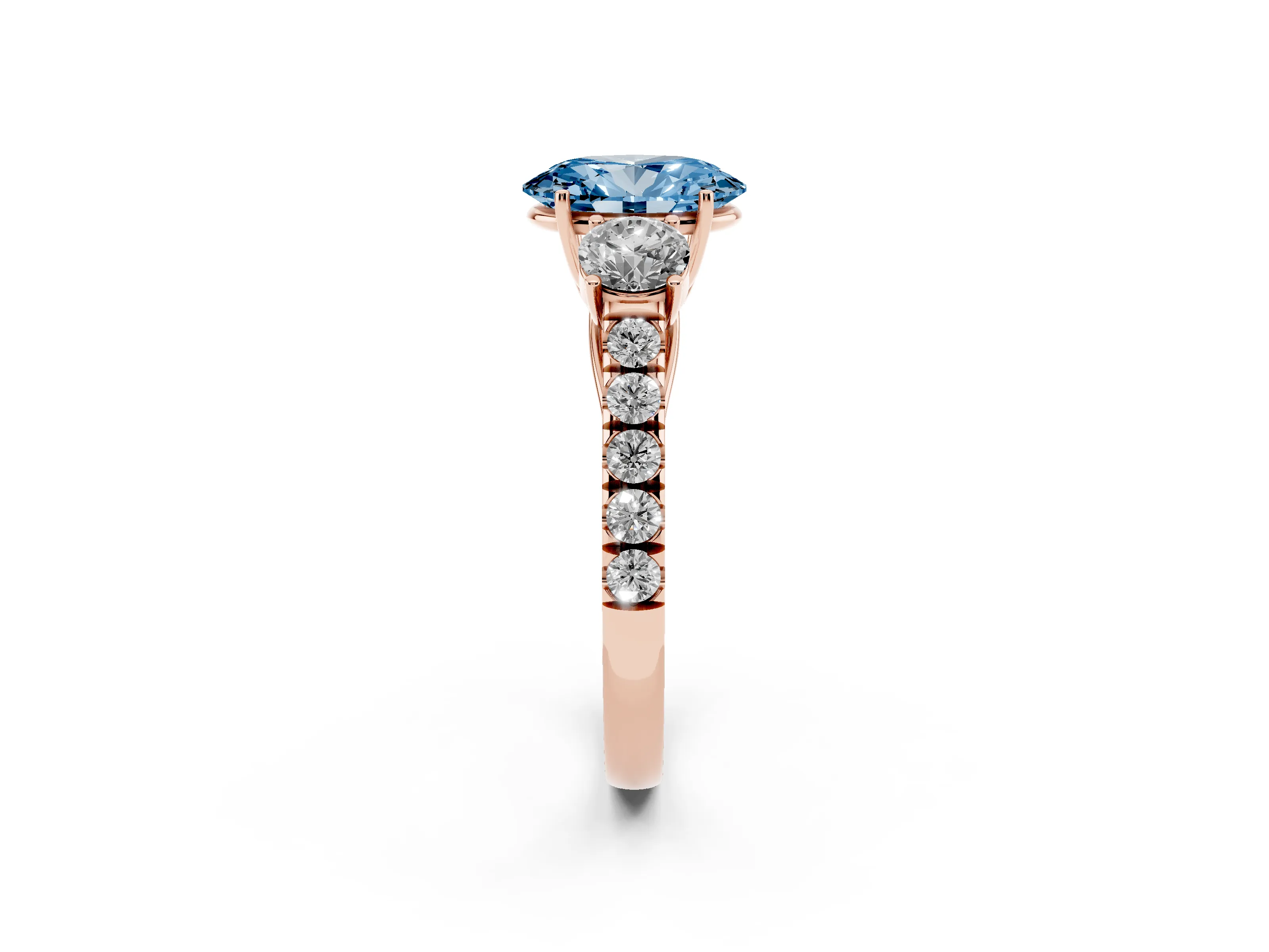 Fancy Blue Oval Cut Diamond Three-Stone Ring Set in Rose gold with Round Side Stones and Delicate Pavé Band