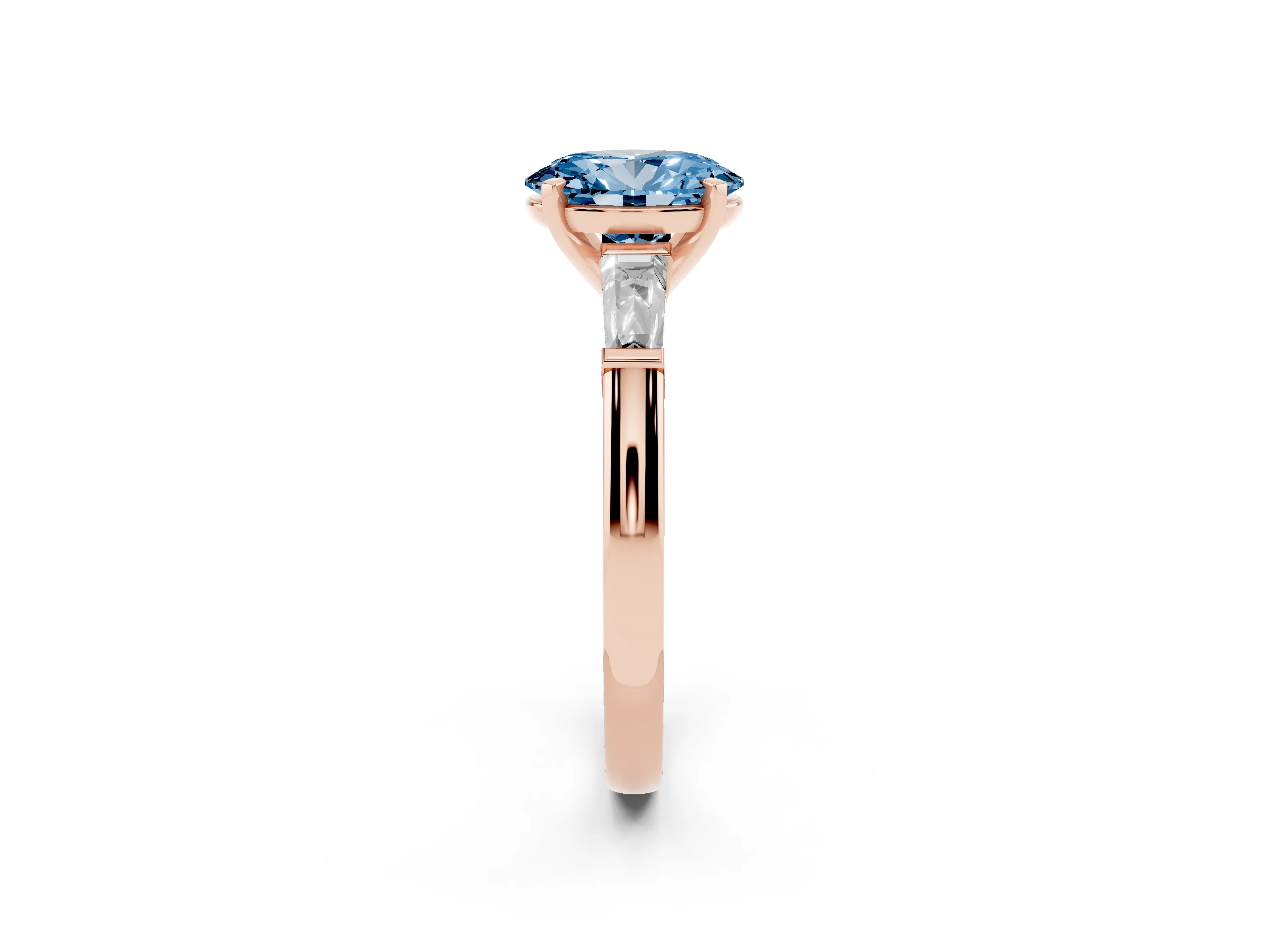Fancy Blue Oval Cut Diamond Solitaire Ring Set in Rose gold with Tapered Baguette Side Stones and Prong Setting