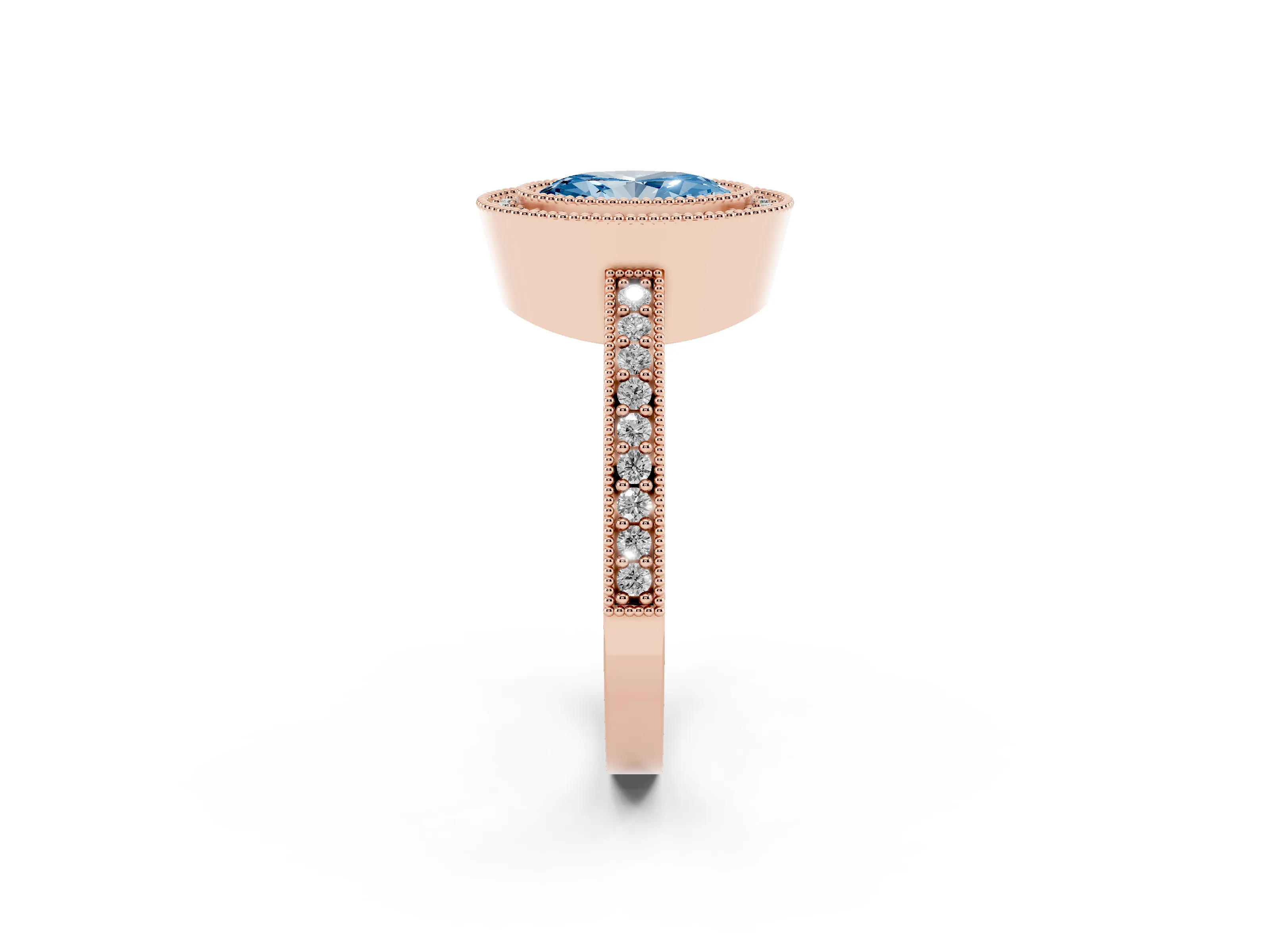 Fancy Blue Oval Cut Diamond Halo Engagement Ring Set in Rose gold with Pavé Band and Round Halo Stones